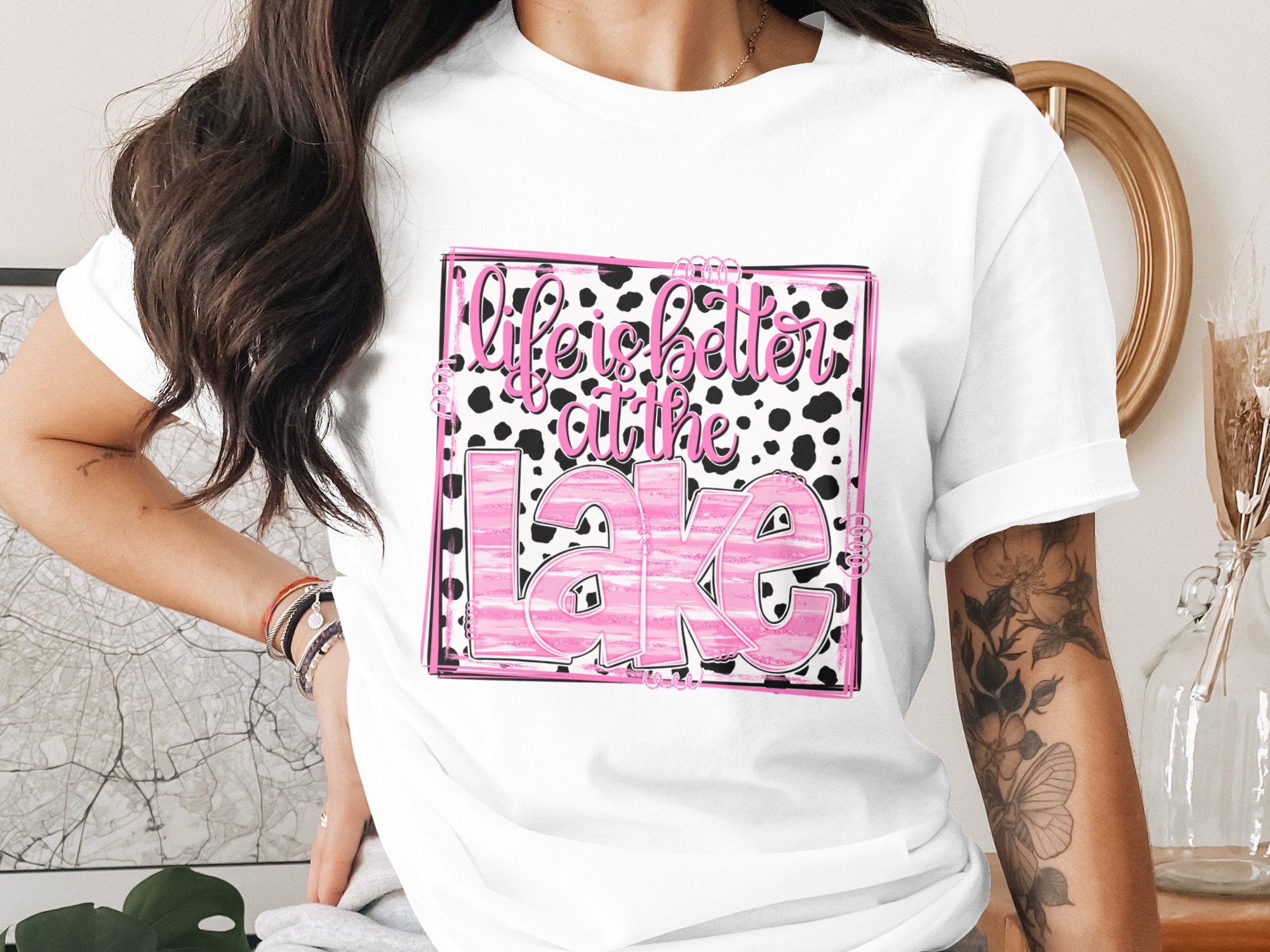 Life is Better at the Lake Digital Download, Cow Print Lake Life Sublimation PNG, Pink Glitter DTF Design, Summer Vacation Graphic Art