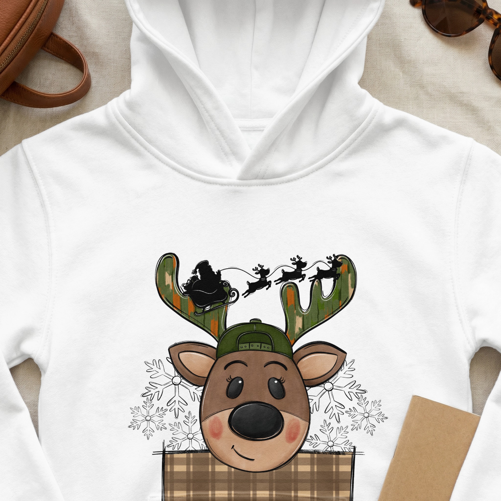 Boy Hunting Santa PNG, Digital Download, Christmas Reindeer Sublimation, Camo Antlers, Santa Sleigh, Winter Holiday Graphic, Deer Art, Plaid - Image 2