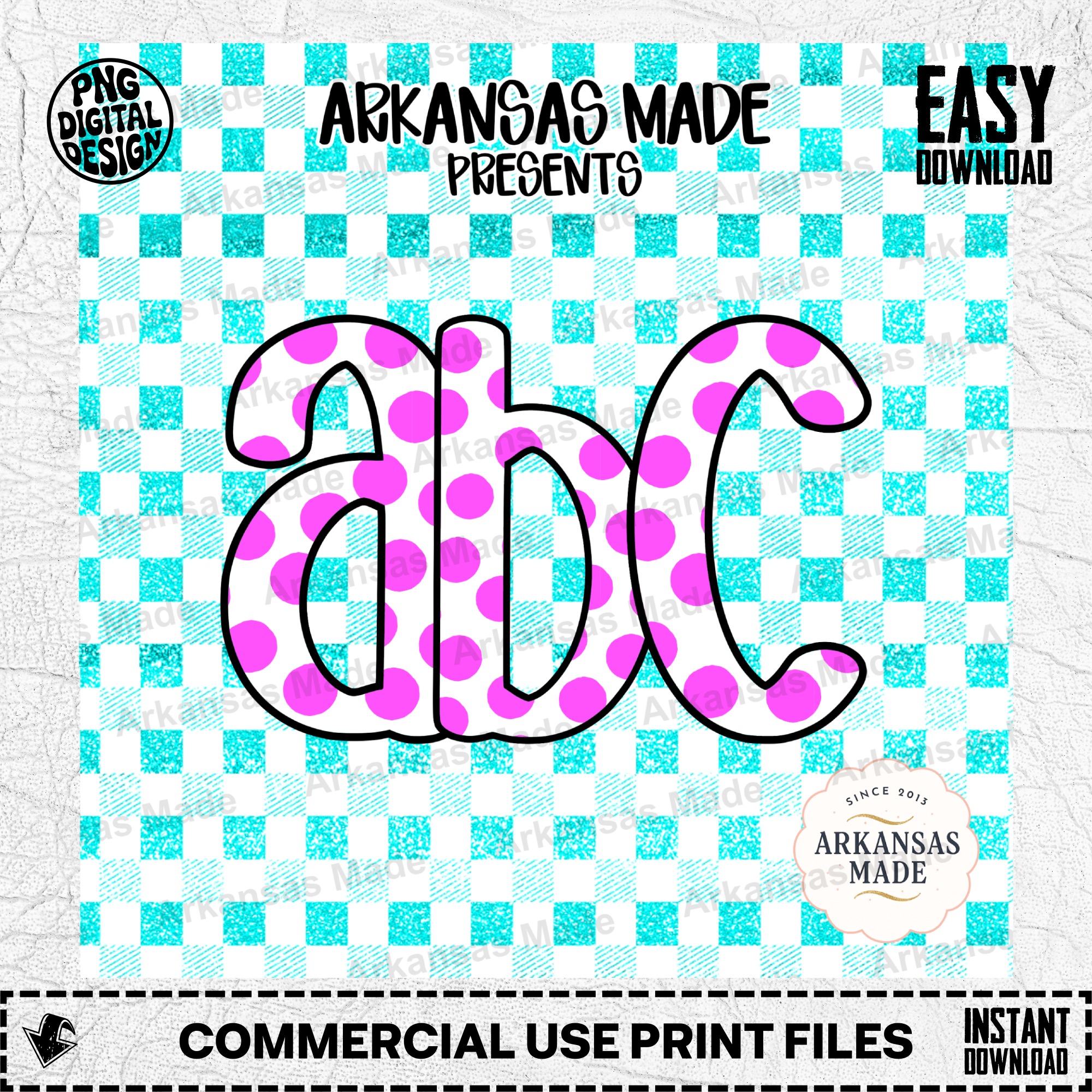 Pink Polka Dot Alphabet PNG Digital Download Alpha Set, Teal Glitter Gingham Letters, ABC Clip Art Bundle for Crafters