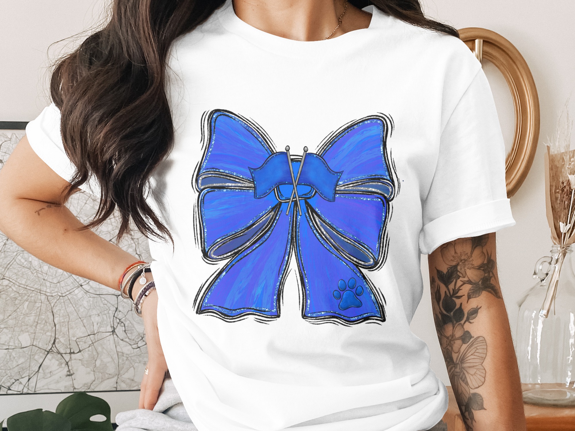 Blue Glitter Bow Digital Download, Paw Print Cheer Bow Sublimation PNG, Team Spirit DTF Design, School Sports Mascot Graphic, Flags