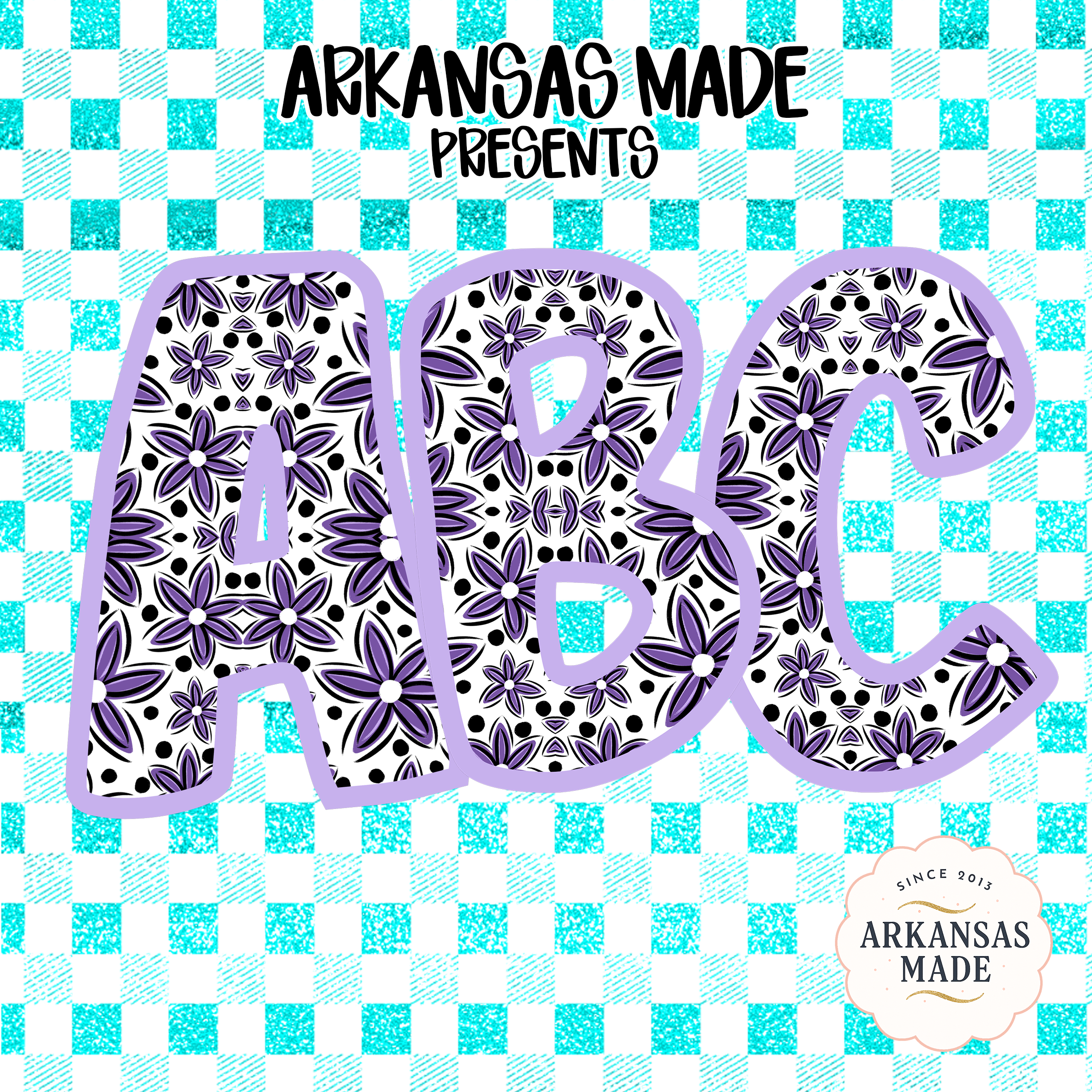 Purple Floral Mandala Alphabet Letters, Digital Download Full A-Z Alpha Set, Aqua Buffalo Plaid Sublimation DTF PNGs, ABC Font