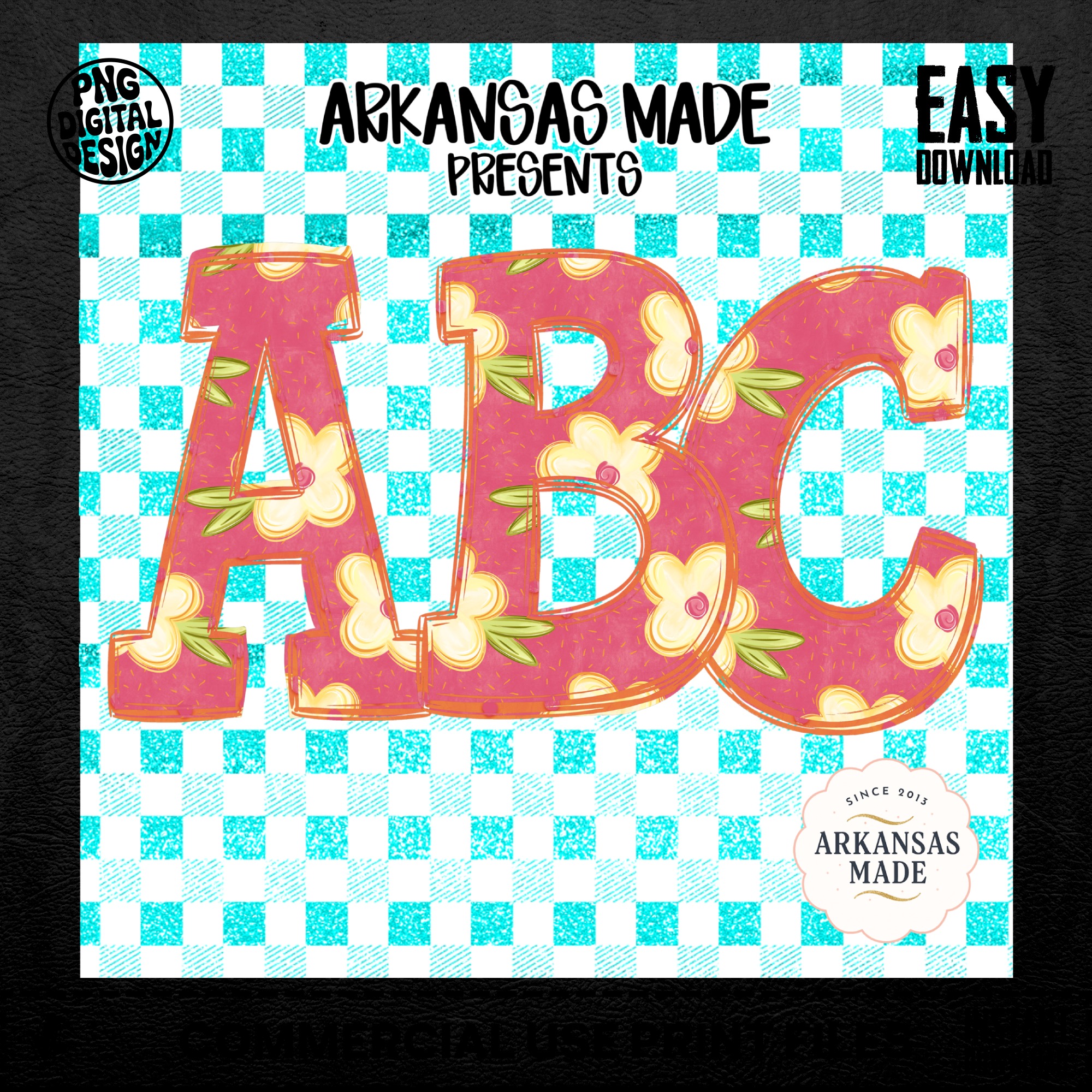 Floral Alphabet Digital Download, Full A-Z Alpha Sublimation DTF PNGs, Pink Floral Letters, Turquoise Gingham Plaid, Cute ABC Pack, Instant - Image 5