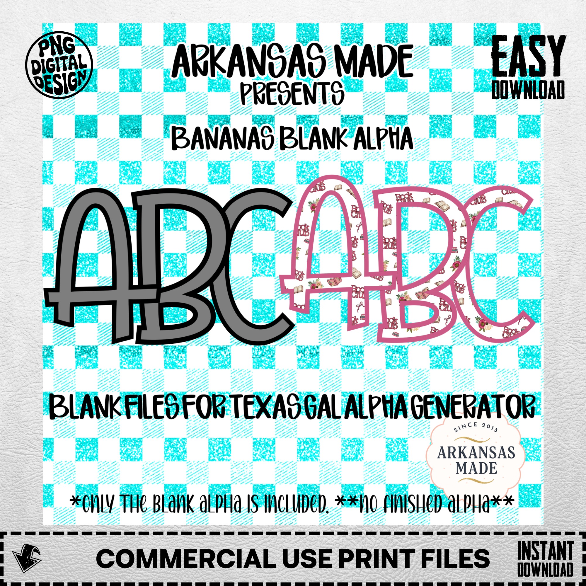 Bananas Blank Alpha Digital Download, Sublimation PNG, DTF Blank File, Texas Gal Generator, Custom Letters, Teal Gingham - Image 4