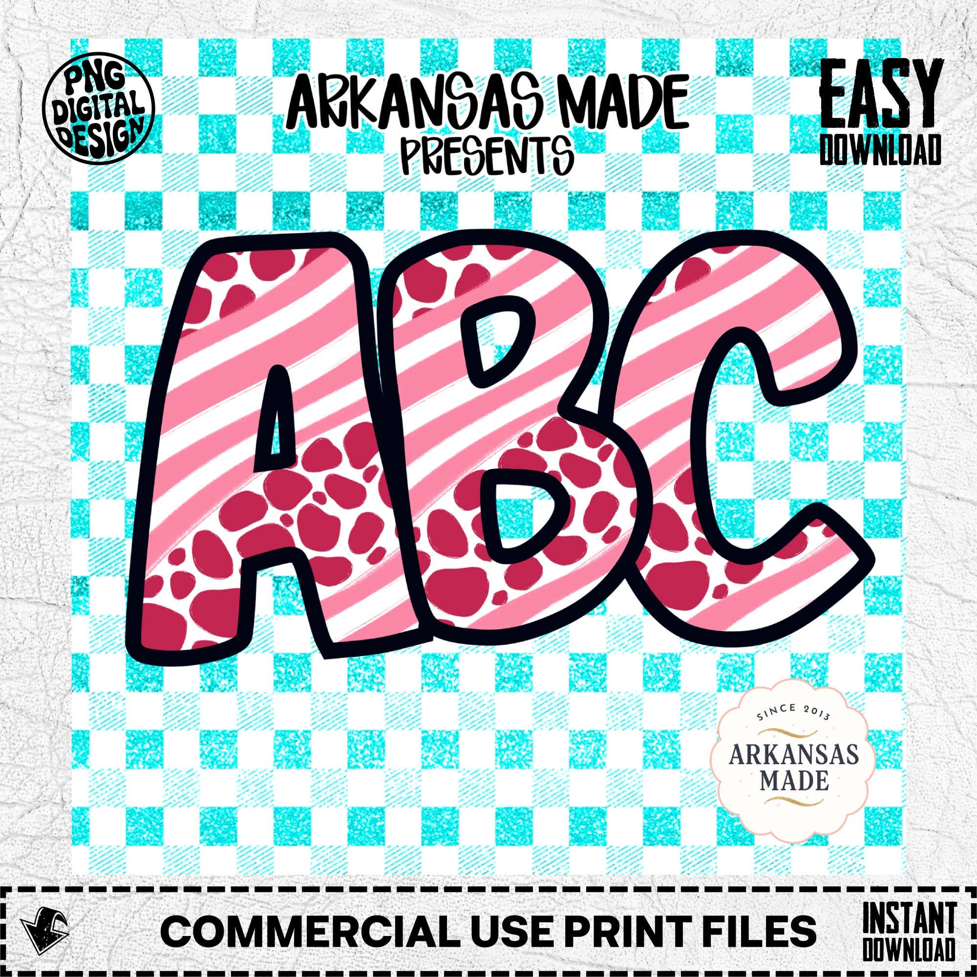 Digital, Pink Striped Abstract Spotted Full A-Z Alpha, Aqua Glitter Gingham Check, Sublimation DTF PNGs, Digital Download File, Trendy - Image 2