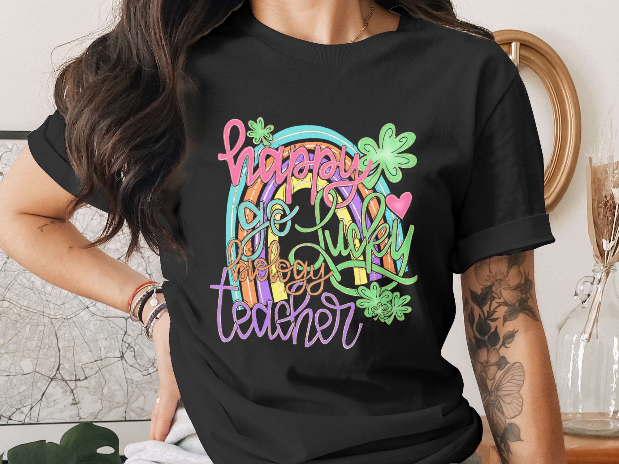 Happy Go Lucky Biology Teacher PNG, St Patricks Day Teacher Digital Download, Rainbow Shamrocks Sublimation DTF File - Image 2