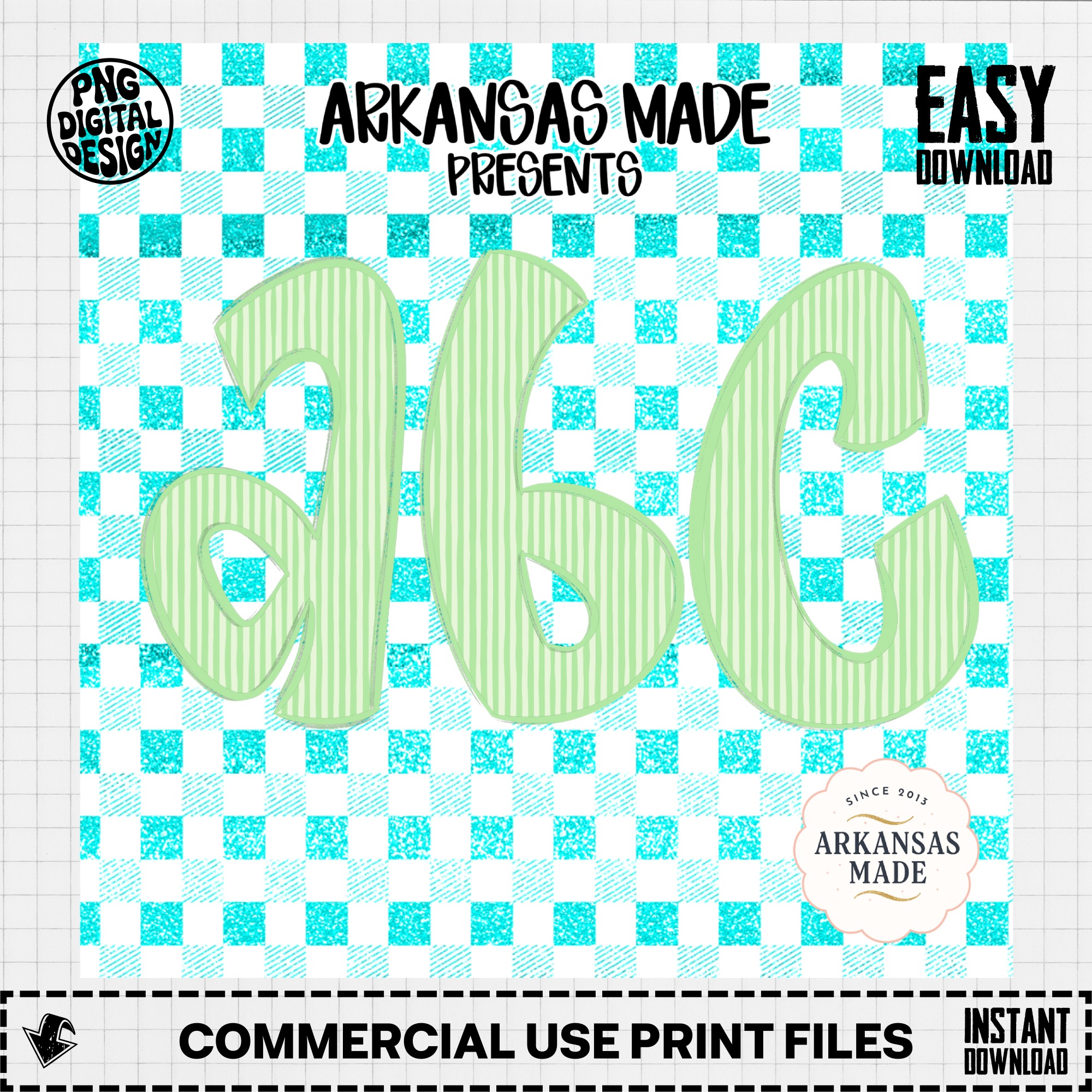 Aqua Gingham Striped Full A-Z Lowercase Alphabet, Digital Download PNGs, Sublimation DTF Ready Files, Mint Green Letters, Craft Print Design - Image 3