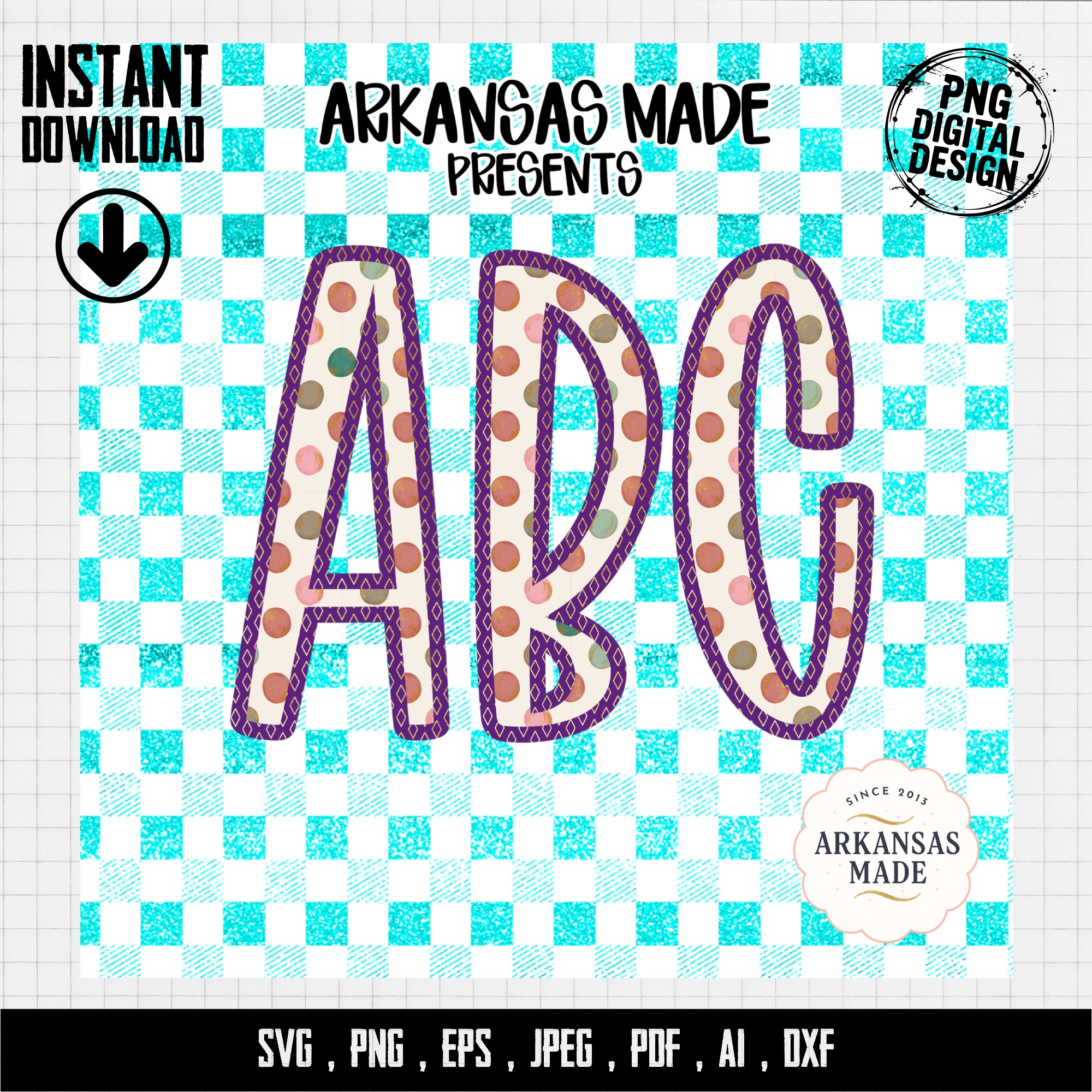Vibrant ABC Polka Dot Alphabet, Full A-Z Alpha Digital Download, Glitter Gingham Sublimation DTF PNGs, Playful Letters, Instant File - Image 4
