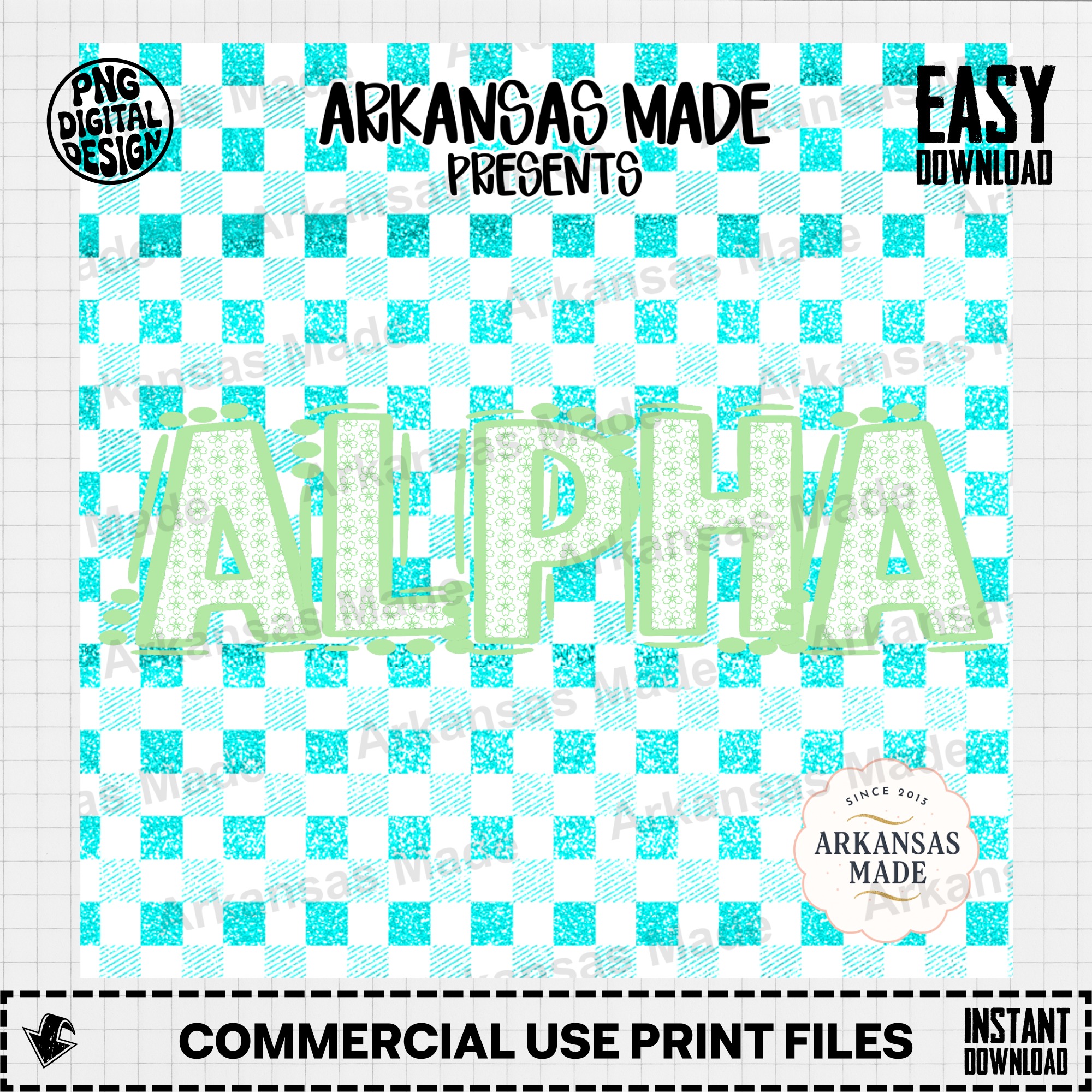 Floral Alpha Digital Download Set, Aqua Faux Glitter Gingham Letters, Preppy Cherry Blossom Font PNG, Sublimation Design, Girl Crafts - Image 2