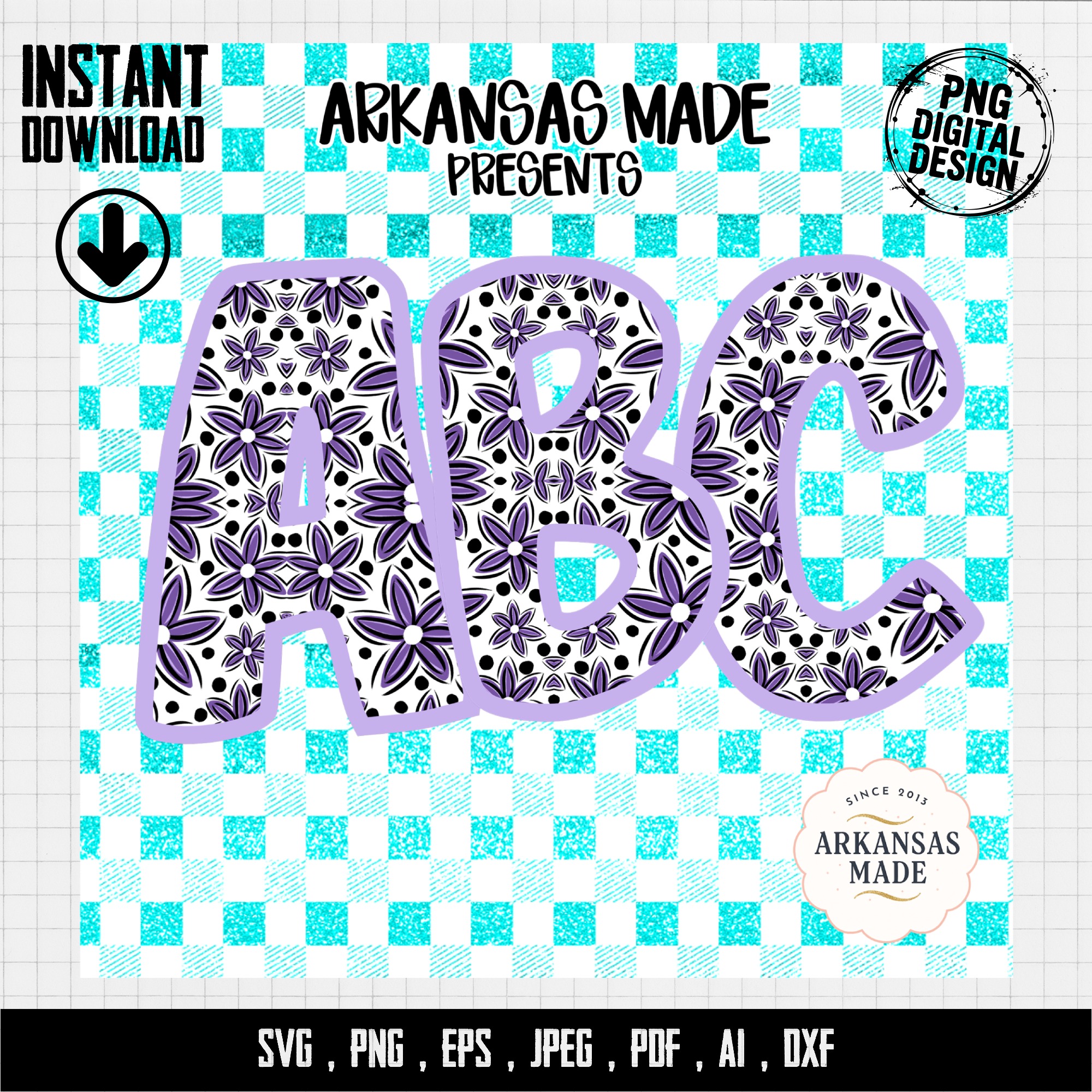 Purple Floral Mandala Alphabet Letters, Digital Download Full A-Z Alpha Set, Aqua Buffalo Plaid Sublimation DTF PNGs, ABC Font - Image 4