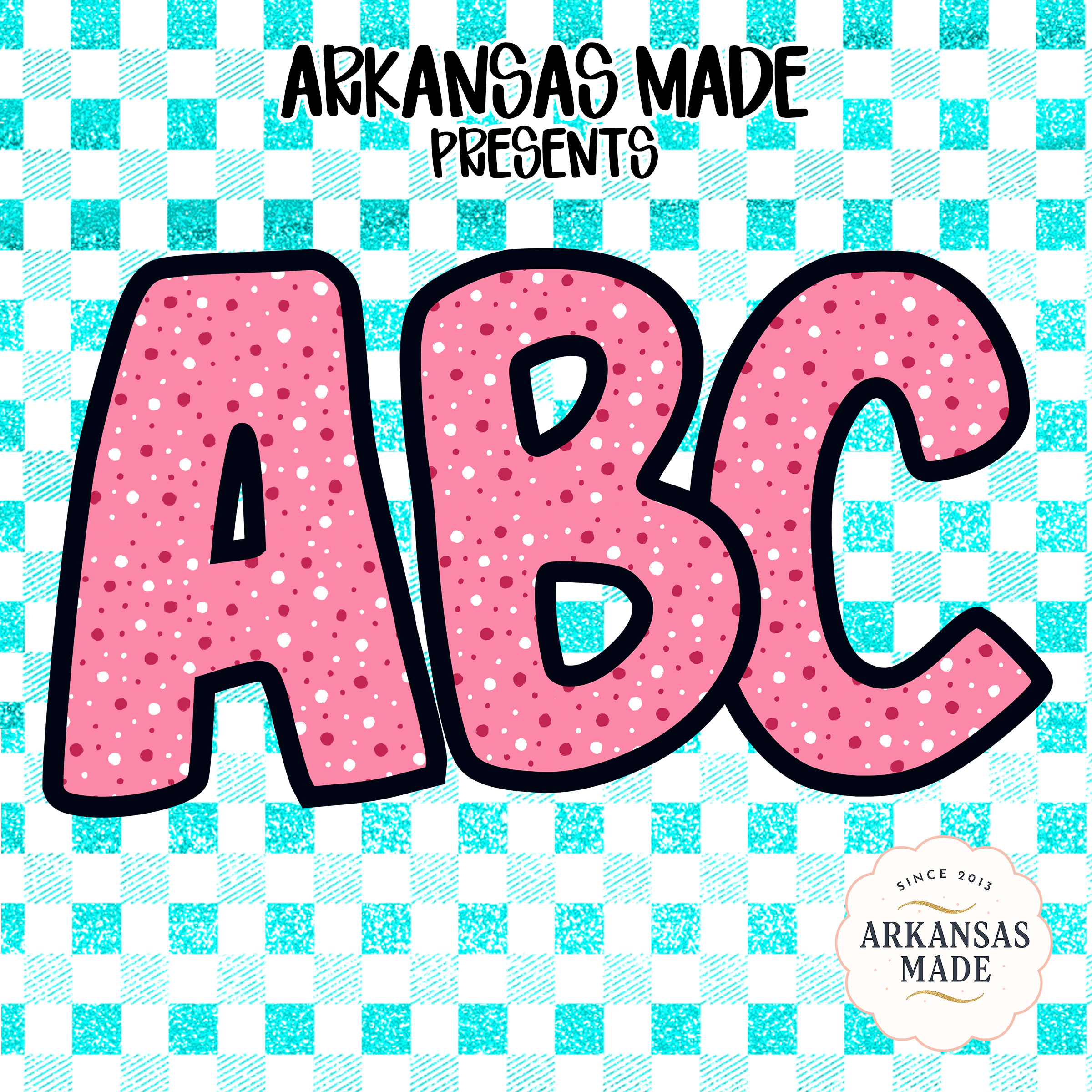 Digital, Digital Download Full A-Z Alpha, Pink Polka Dot Alphabet, Cute Letter Sublimation, Checkered Background DTF PNGs, ABC Clipart Set