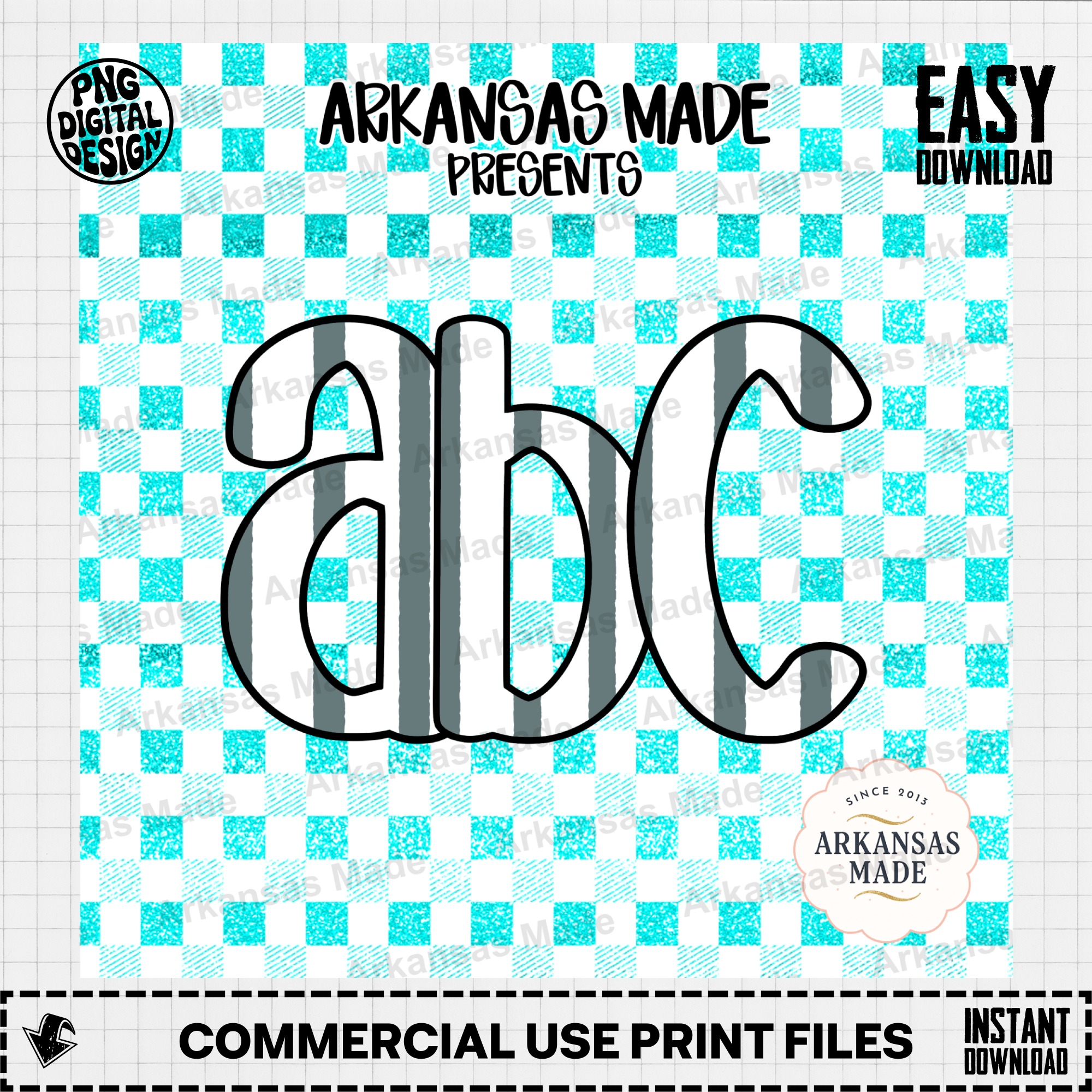 Digital Download Alpha Set, Teal Buffalo Plaid Glitter Letters PNG, Striped Alphabet Monogram Font, Gingham Crafter's Supply - Image 2