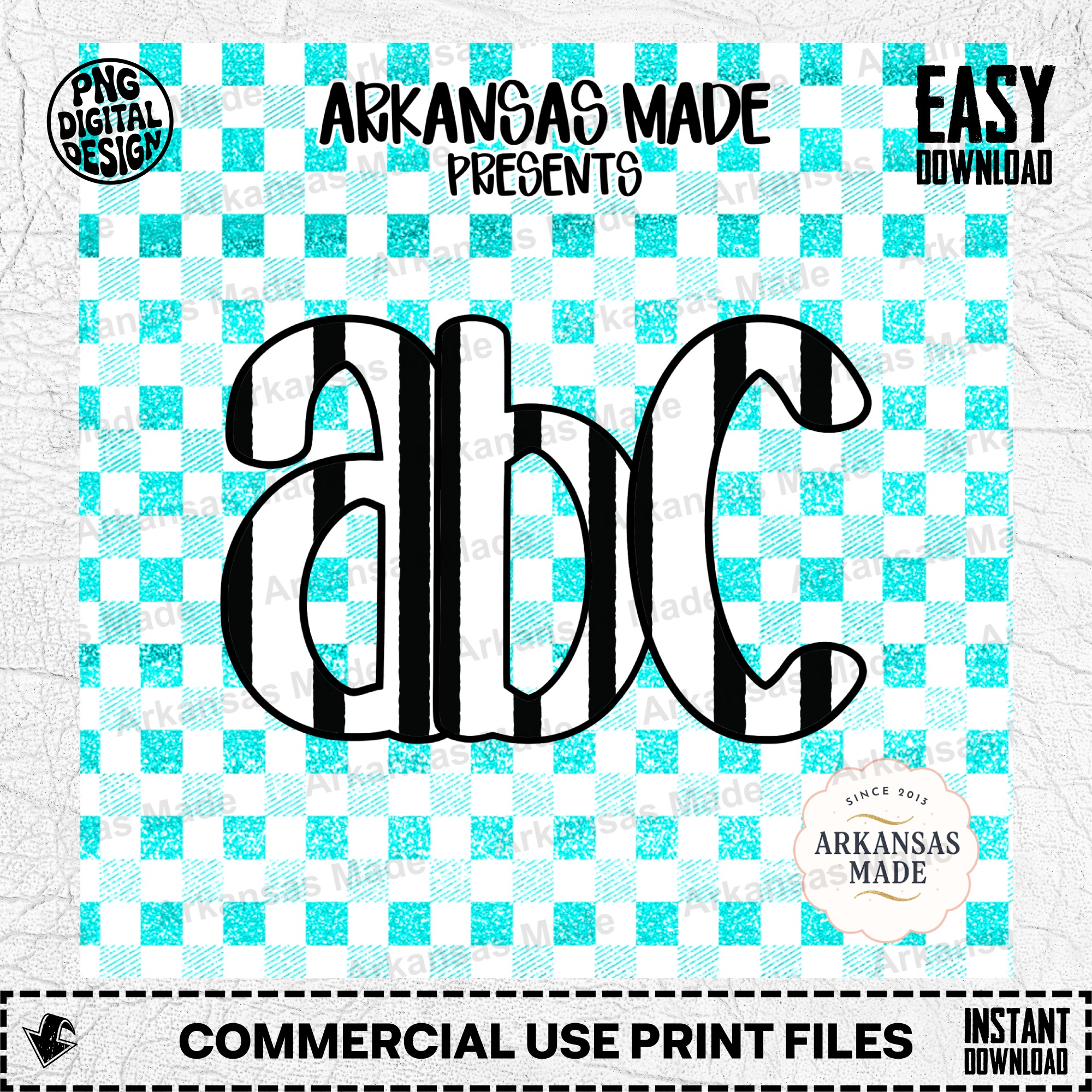 Teal Glitter Gingham Alphabet PNG Digital Download Set | Aqua Buffalo Plaid Letter Clip Art Striped Font DIY Sublimation