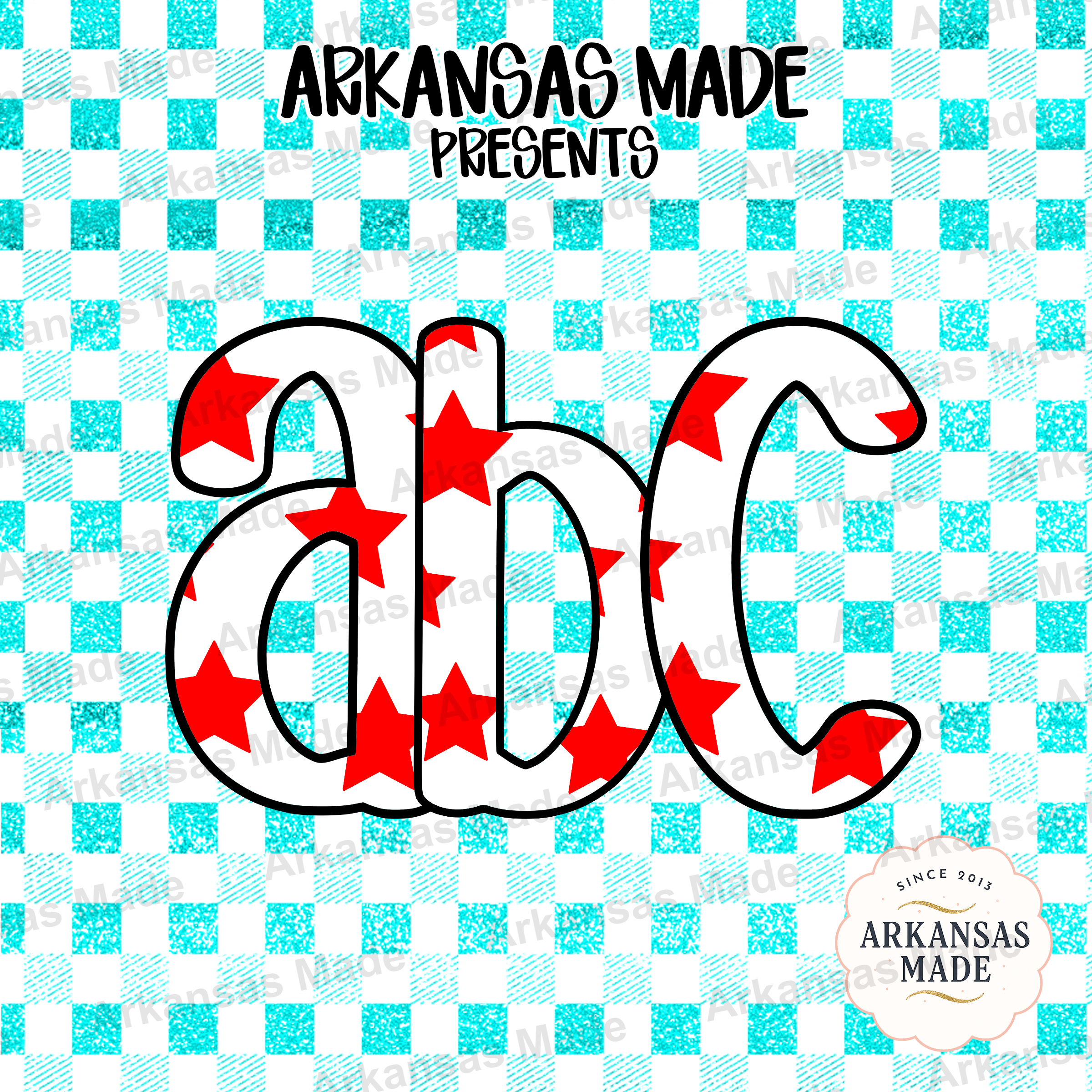 Star ABC Alphabet Digital Download Alpha Set, Red Stars Letters Clipart, Faux Glitter Gingham Teal PNG, Teacher Kids Craft DIY - Image 4