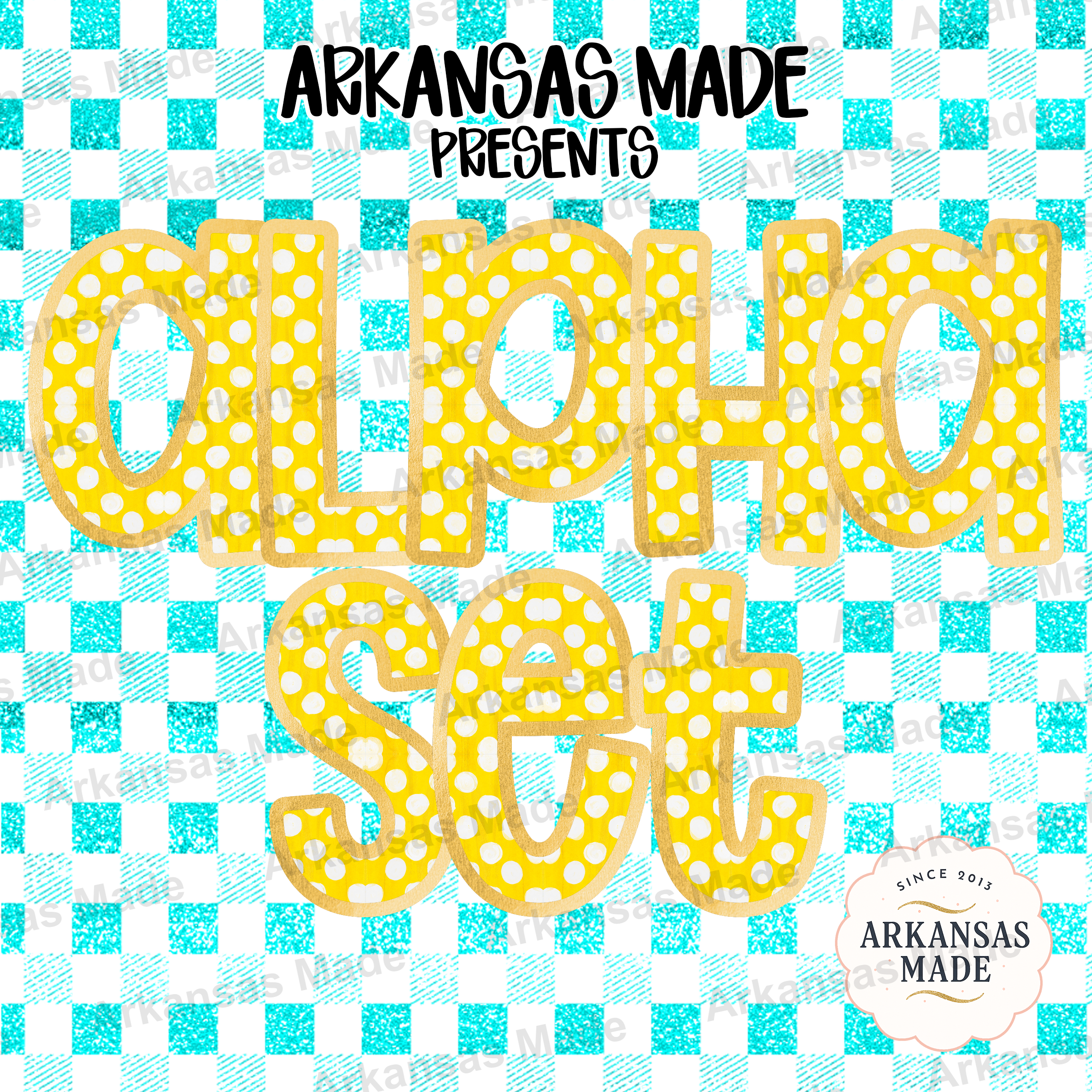 Yellow Polka Dot Digital Alpha Set | Faux Gold Outline Letters | Aqua Glitter Gingham Alphabet PNG Clipart Bundle - Image 4