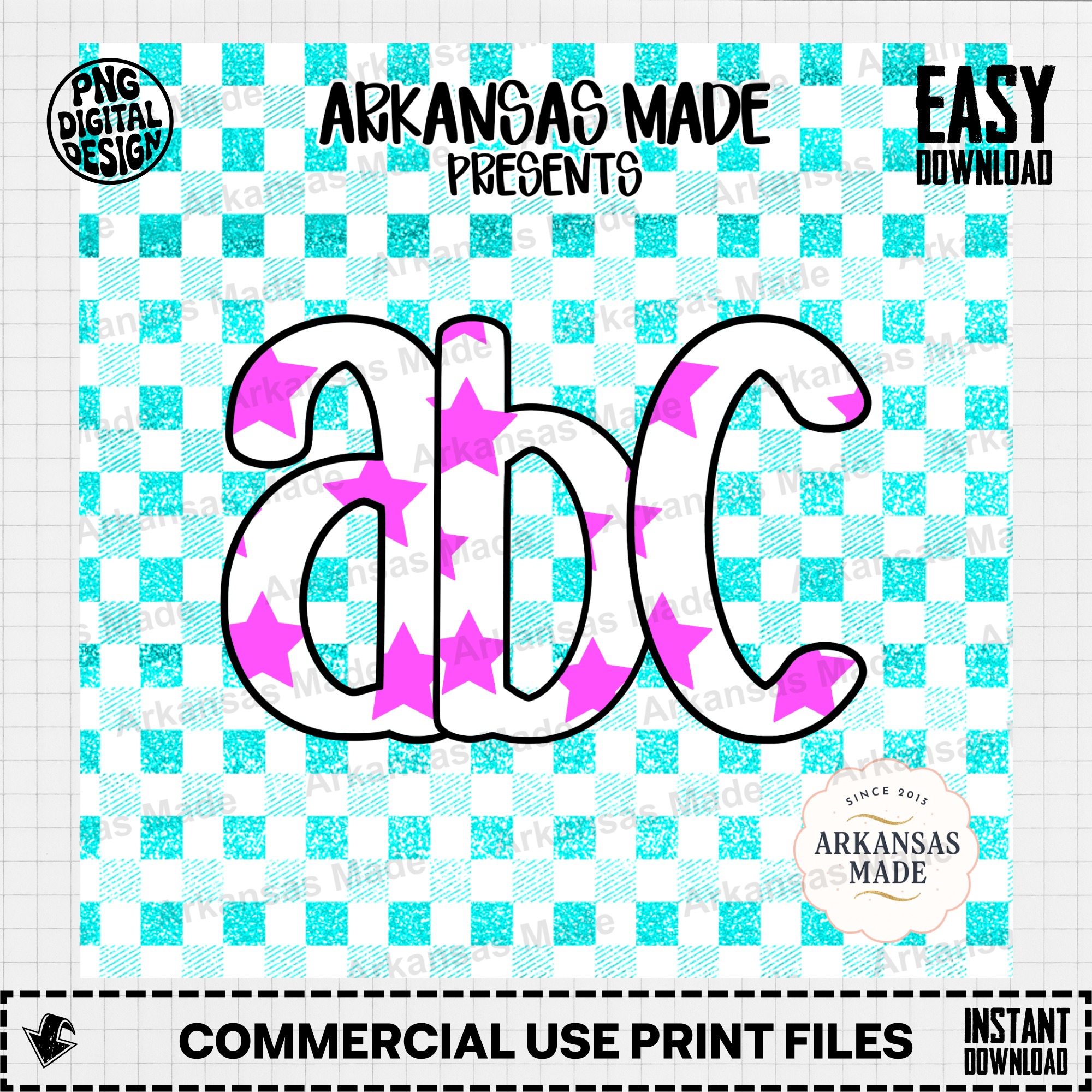 Digital Download Alpha Set: Pink Star Letters, Teal Glitter Gingham Alphabet Font, Preppy ABC PNG SVG for Cricut & Crafts - Image 2