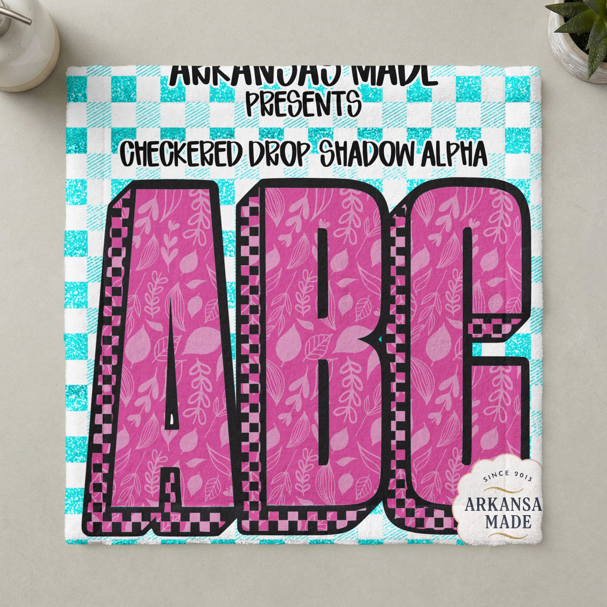 Digital Alpha Set Pink Floral Checkered Letters PNG | Teal Glitter Drop Shadow Alphabet Bundle | Y2K Retro Font Sublimation Crafts - Image 3