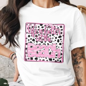 Life is Better at the Beach T-Shirt, Pink Beachy PNG, Cow Print Sublimation Design, Summer Vacation Digital Download, Trendy Beachy Tee