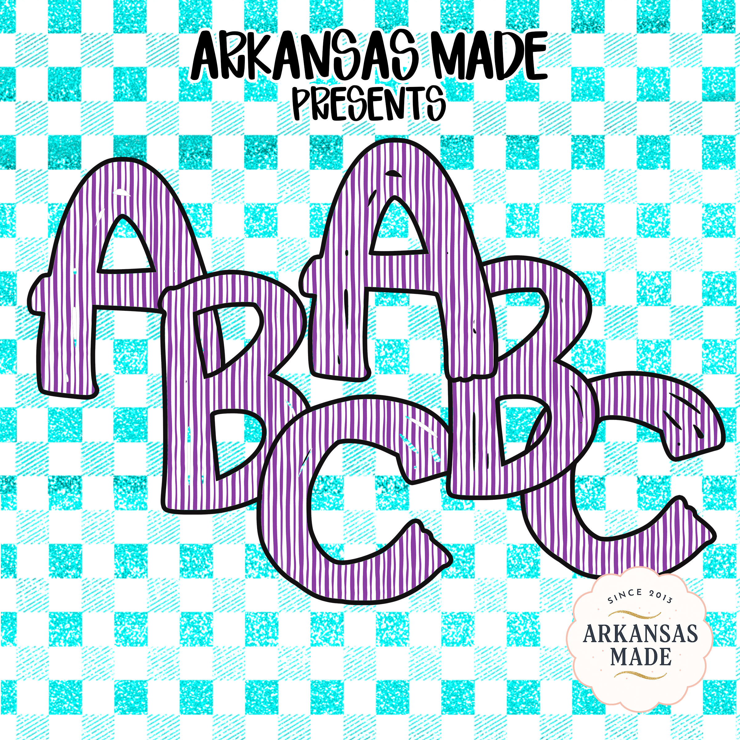 Striped Purple & Teal Faux Glitter Gingham Alphabet Digital Download, Fun ABC Letters Clipart Set, Teacher SVG PNG, Nursery Decor - Image 4