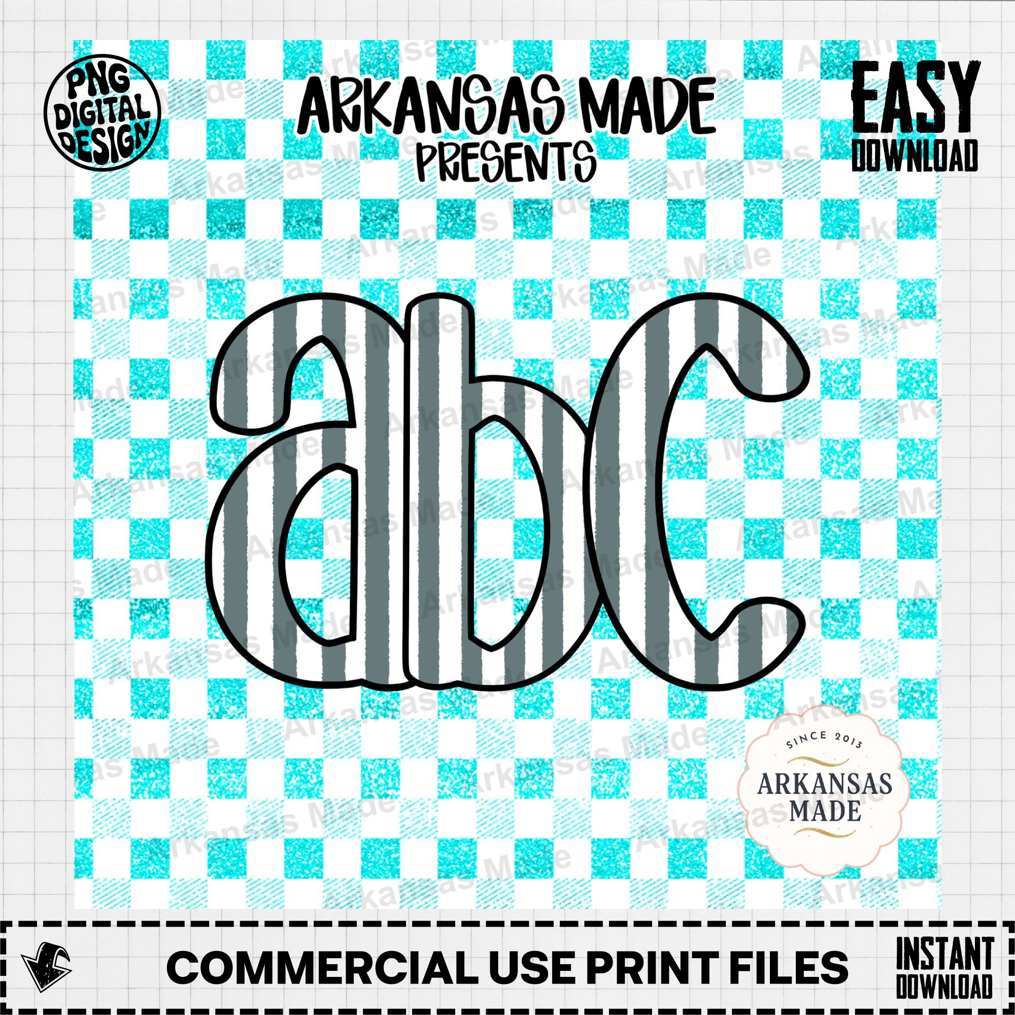 Teal Glitter Gingham Alpha Set | Striped Letters SVG PNG | Digital Download Alphabet | Custom Monogram Cricut Files Nursery Decor - Image 2