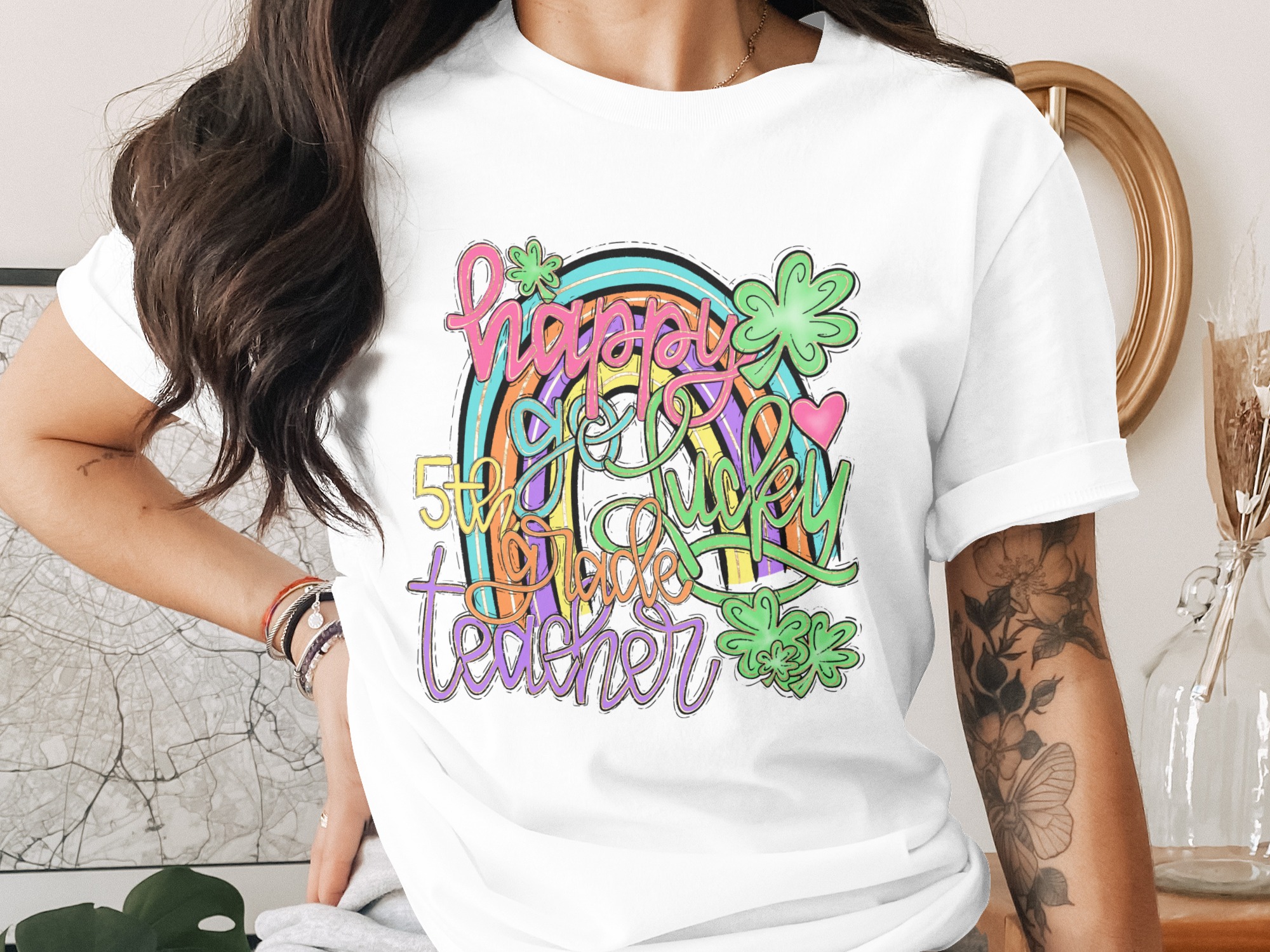 Happy Lucky 5th Grade Teacher T-Shirt, St Patrick's Day Rainbow PNG Sublimation, Fifth Grade Gift, Lucky Charm, Elementary Tee