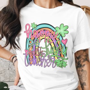 Happy Go Lucky Math Teacher Digital Download, St Patricks Day Sublimation PNG, Rainbow Shamrock DTF Design, Teacher Gift Idea, Instant