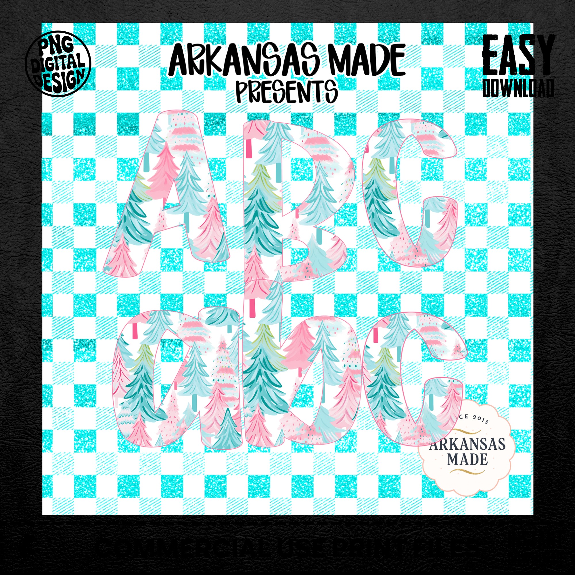 Digital, Digital Download Full A-Z Alpha, Sublimation DTF PNGs, Pastel Christmas Trees Alphabet, Winter Teal Pink Plaid Glitter Letters - Image 5