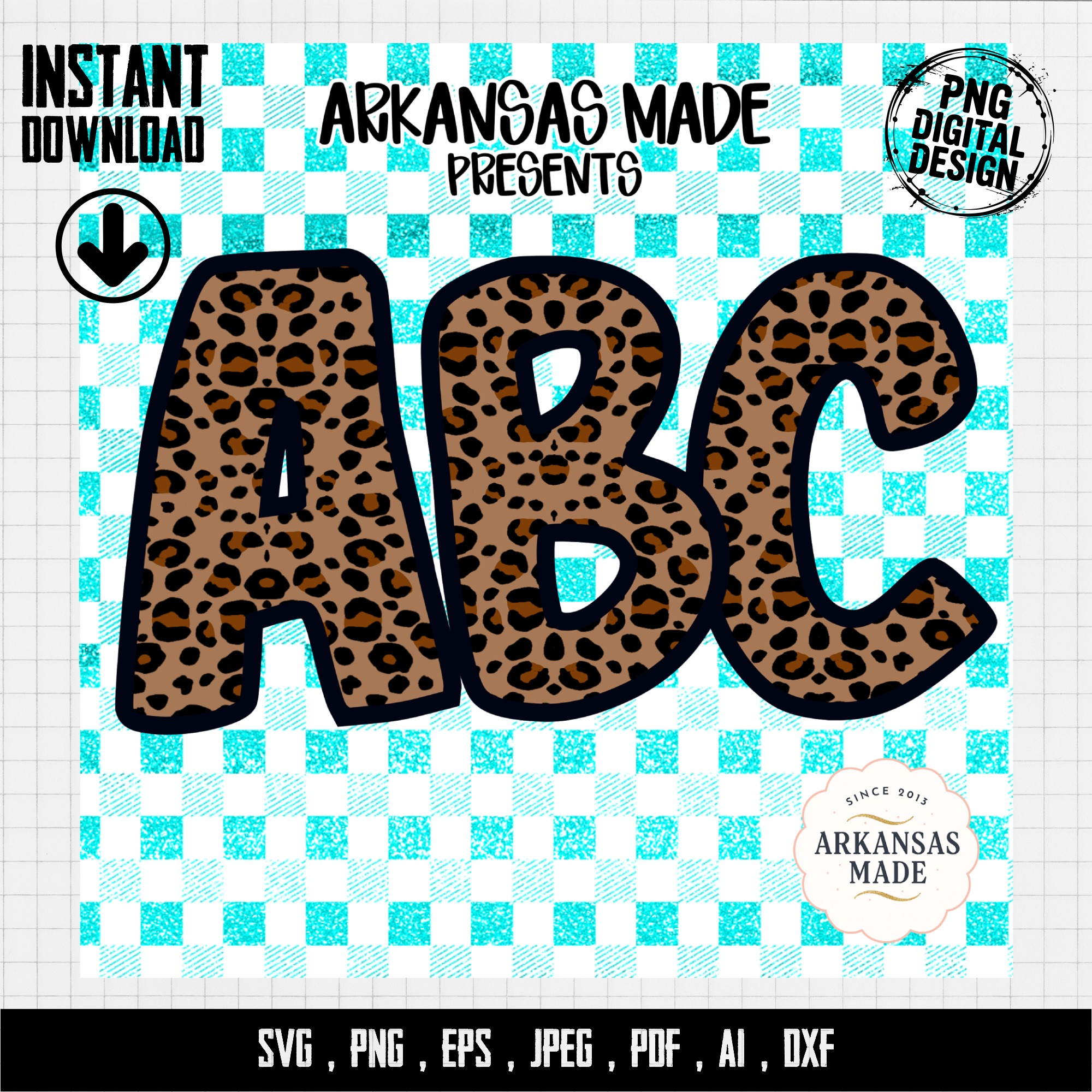 Digital Leopard Print ABC Alphabet PNGs, Full A-Z Alpha Sublimation DTF Download, Teal Gingham Glitter Letters, Wild Animal Print - Image 4
