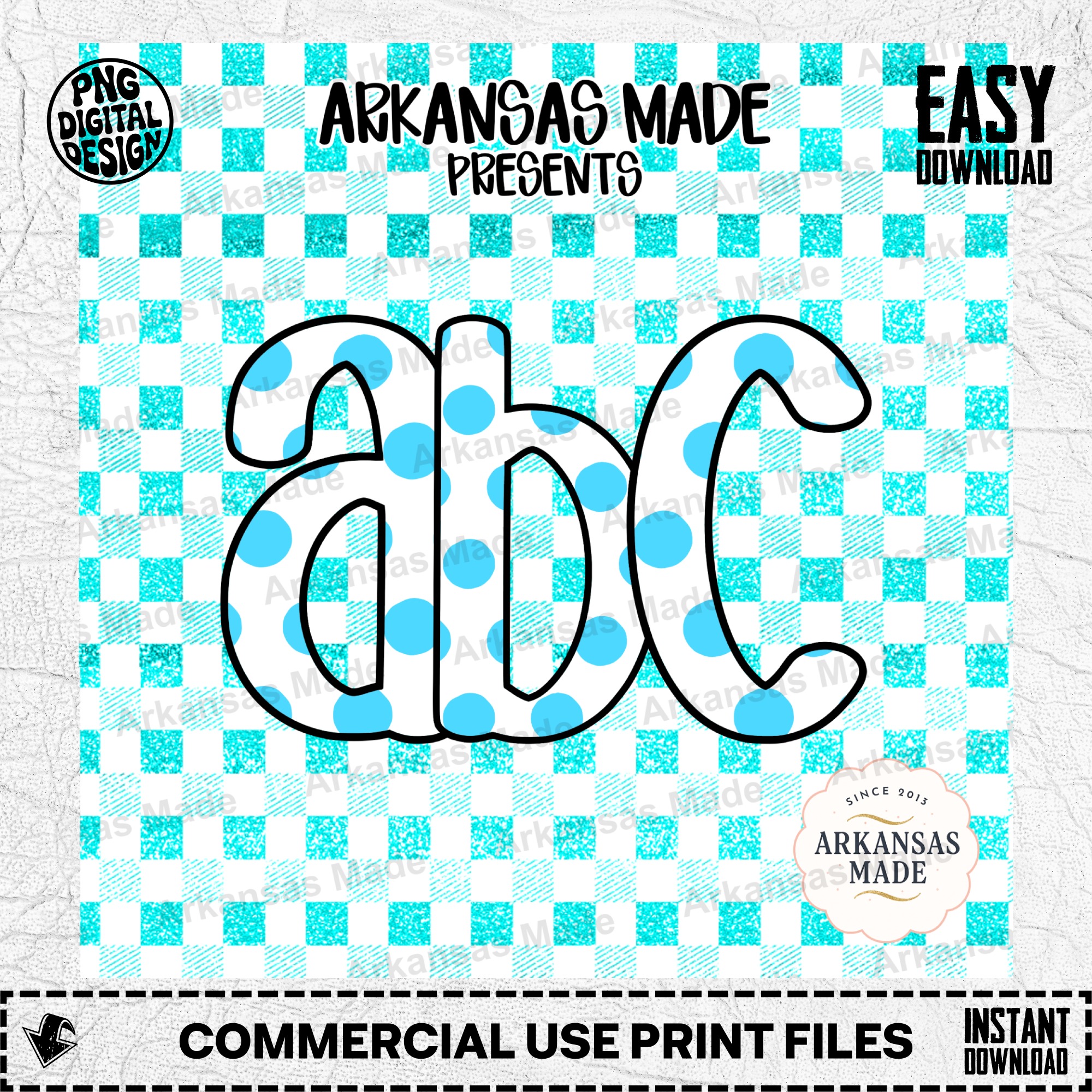 Blue Polka Dot Alphabet Digital Alpha Set | Glitter Gingham Letters PNG | Cute Sublimation Font Download