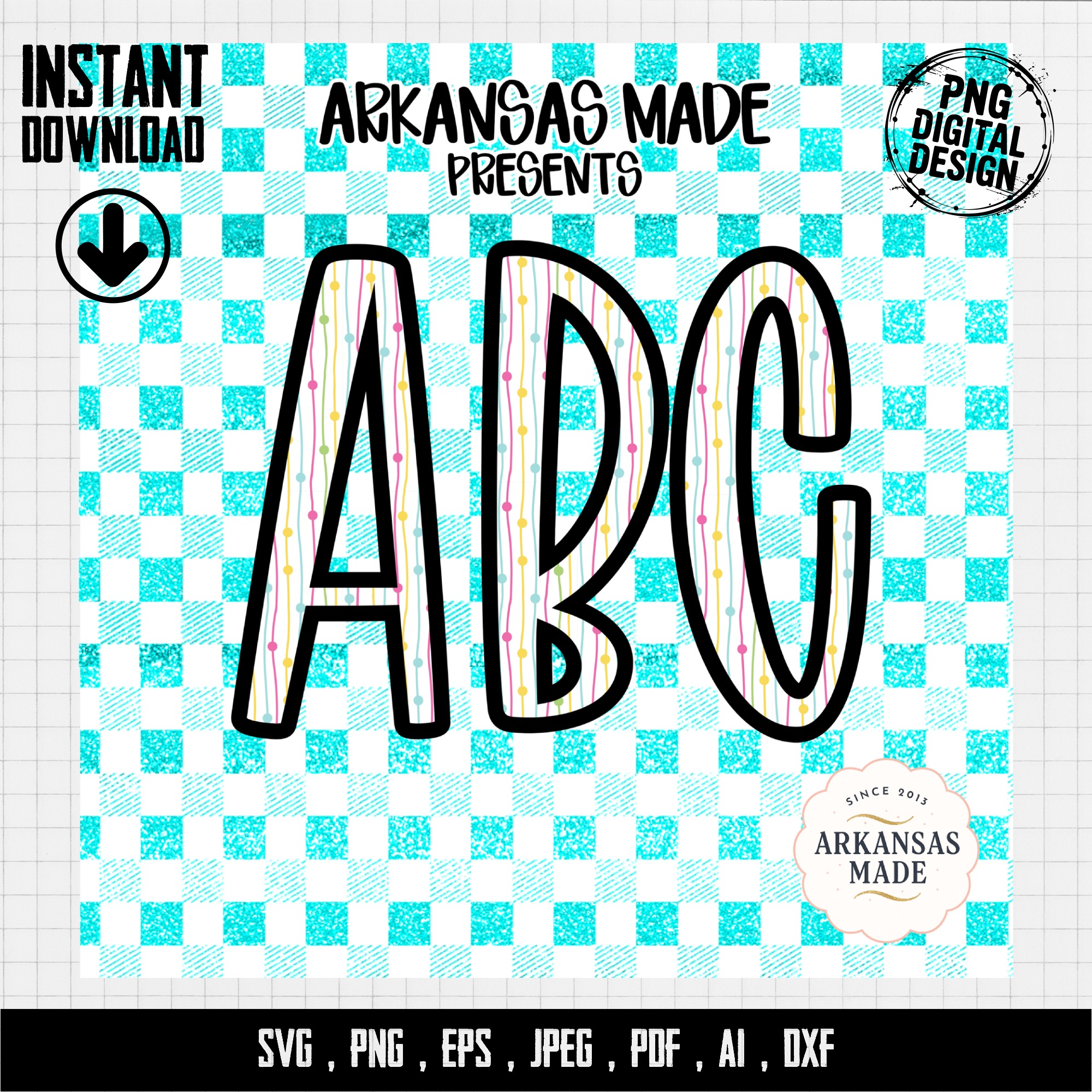 Digital Download Full A-Z Alpha, Glitter Teal Checkered Alphabet, Sublimation DTF PNGs, Colorful Striped Letters, ABC Print Set, Instant - Image 4