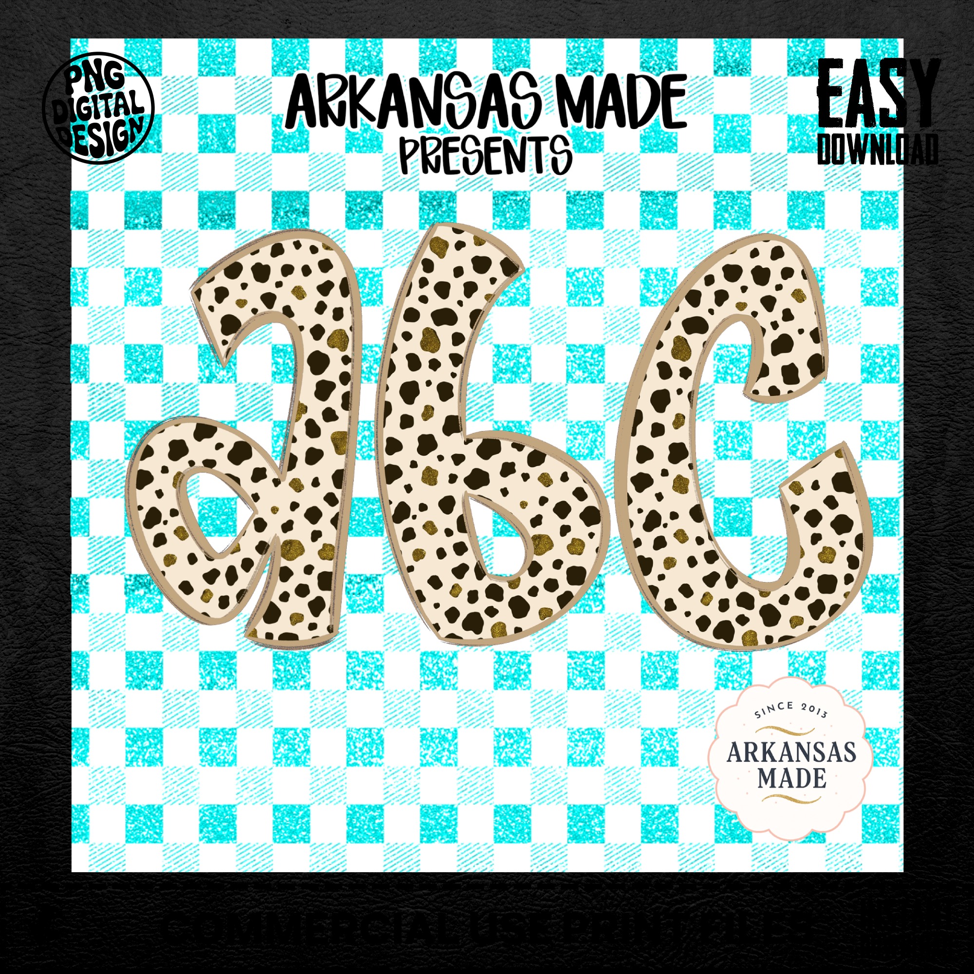 Cow Print Glitter Alphabet Letters, Full A-Z Alpha Digital Download, Dalmatian Spot ABC, Teal Gingham Plaid Sublimation DTF PNGs Bundle - Image 5