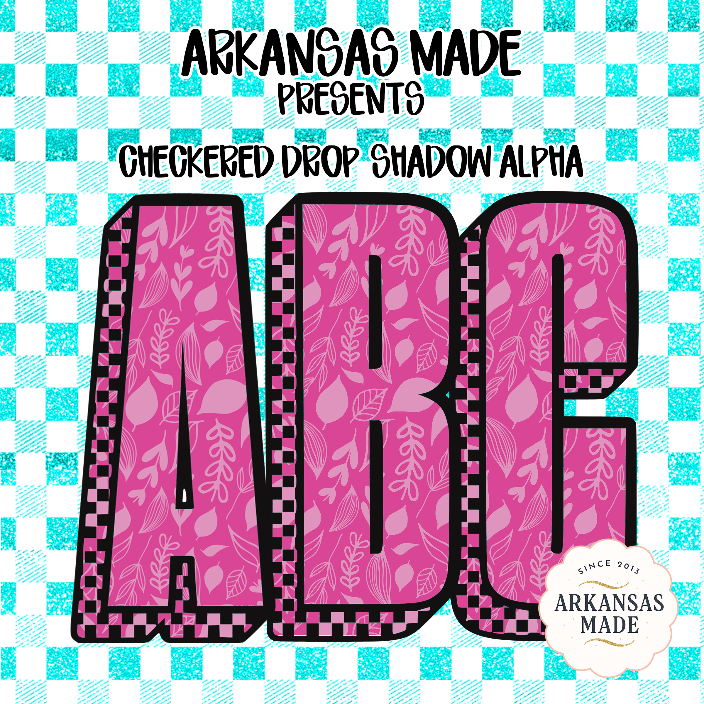 Digital Alpha Set Pink Floral Checkered Letters PNG | Teal Glitter Drop Shadow Alphabet Bundle | Y2K Retro Font Sublimation Crafts - Image 4