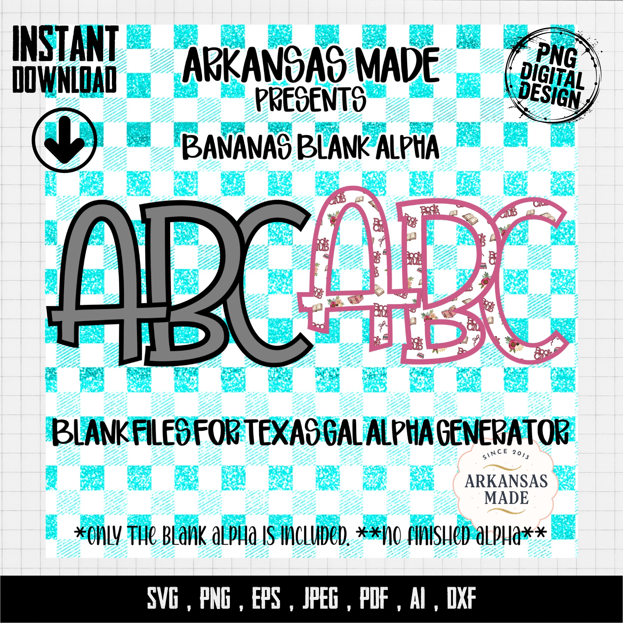 Bananas Blank Alpha Digital Download, Sublimation PNG, DTF Blank File, Texas Gal Generator, Custom Letters, Teal Gingham - Image 3