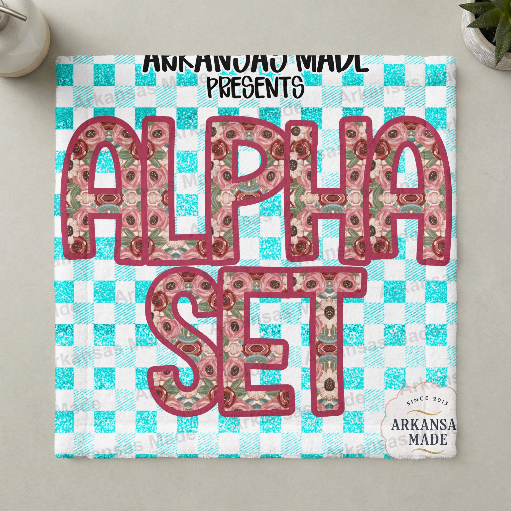 Floral Alpha Set Digital Download PNG | Pink Rose Faux Glitter Letters | Teal Buffalo Plaid Font Clipart | Sublimation Alphabet - Image 3