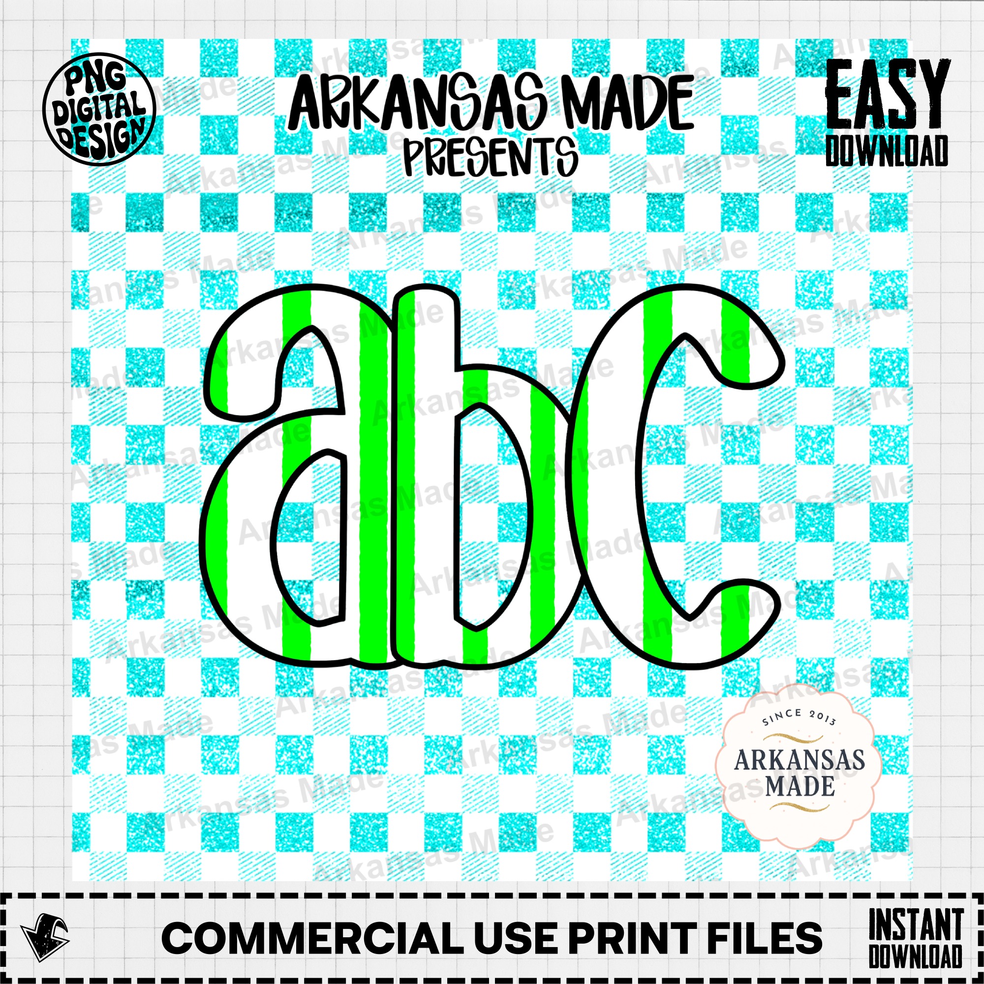Green Stripe Alphabet Digital Download Alpha Set, Turquoise Gingham Faux Glitter PNG, ABC Clipart for Kids & Teachers - Image 2