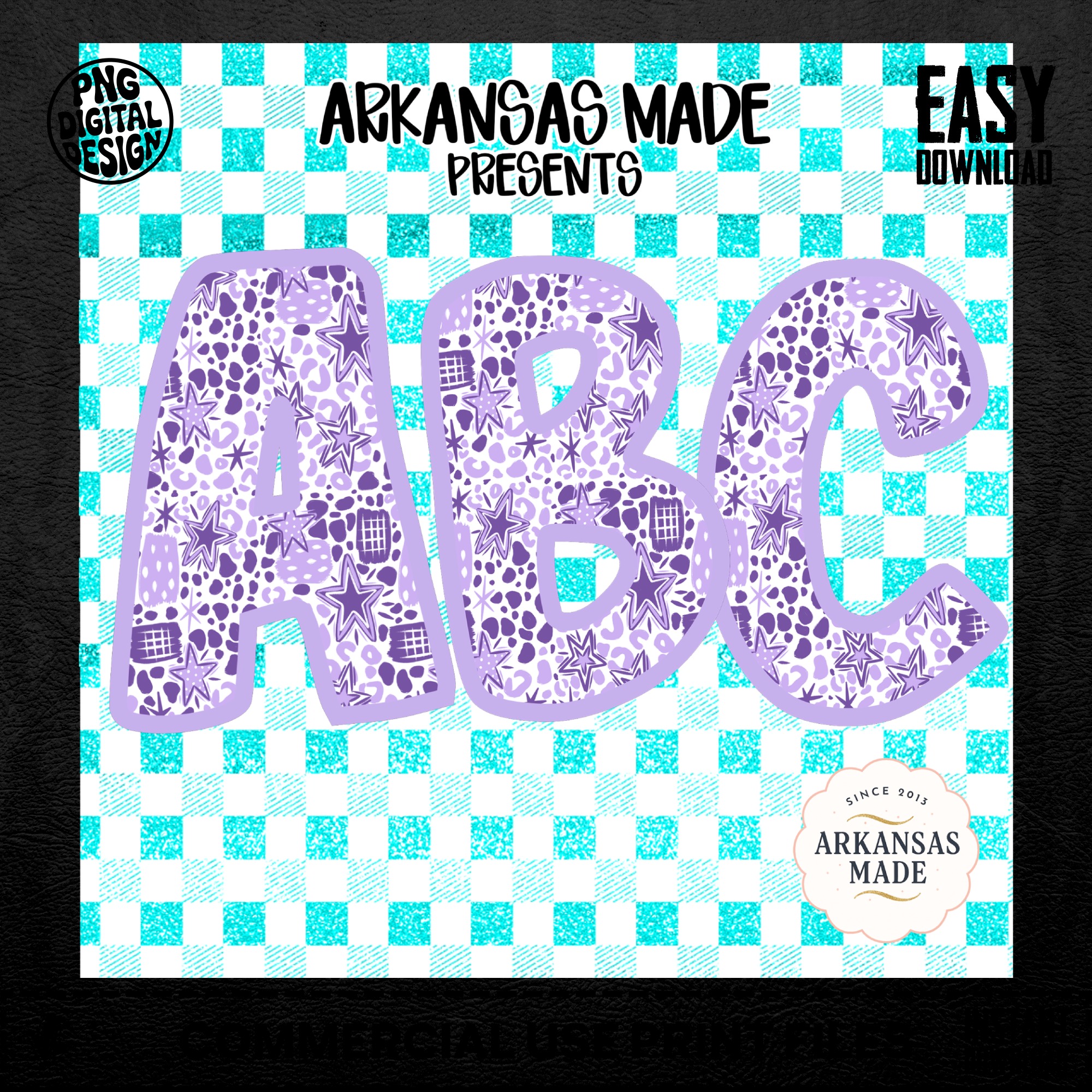 Purple Leopard Star Alphabet, Glitter Aqua Checkered Background, Digital Download Full A-Z Alpha, Sublimation DTF PNGs, Instant Art - Image 5