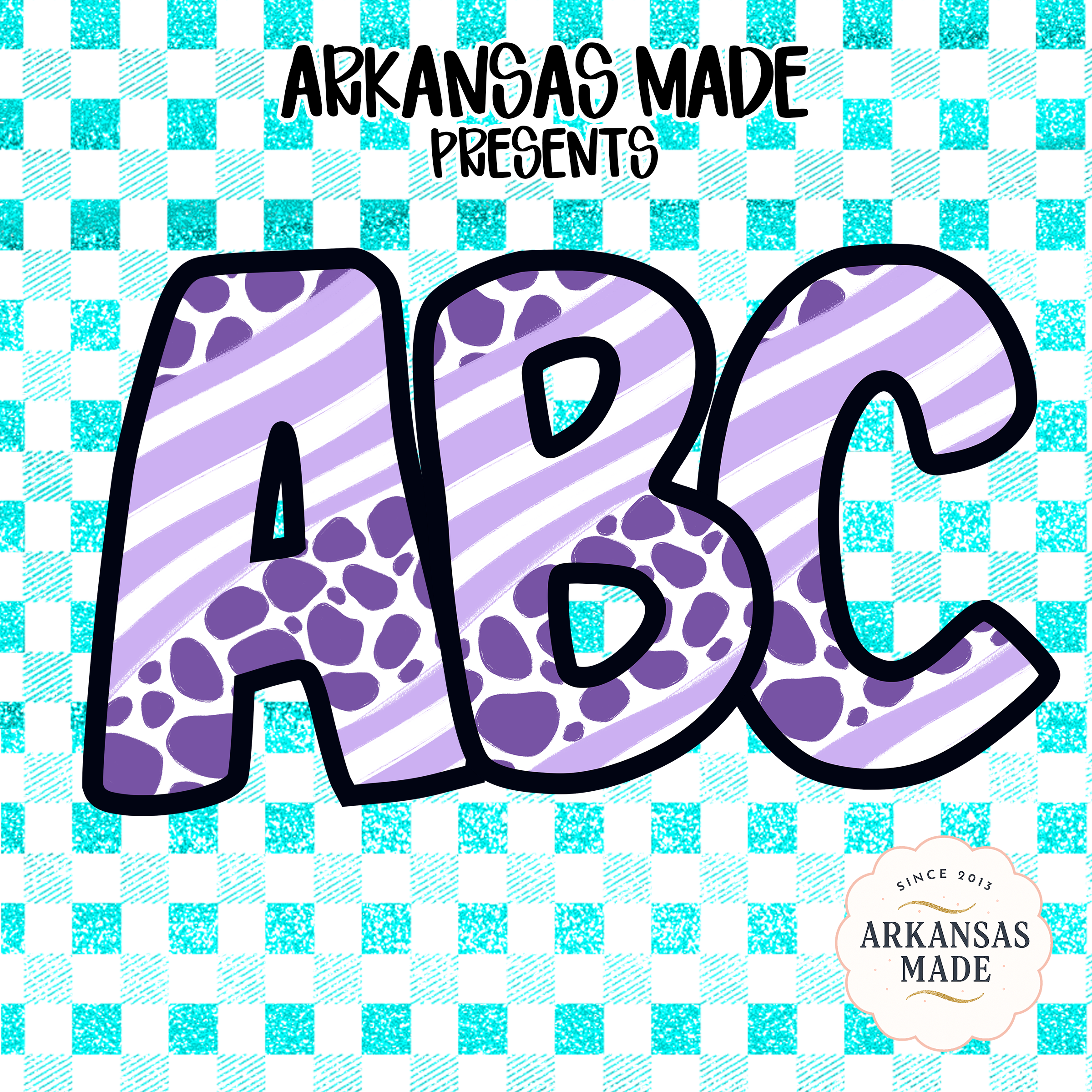 Digital A-Z Alphabet, Full Letters Bundle, Sublimation DTF PNGs, Teal Checkered Animal Print Stripes, Instant Download, Graphic Design