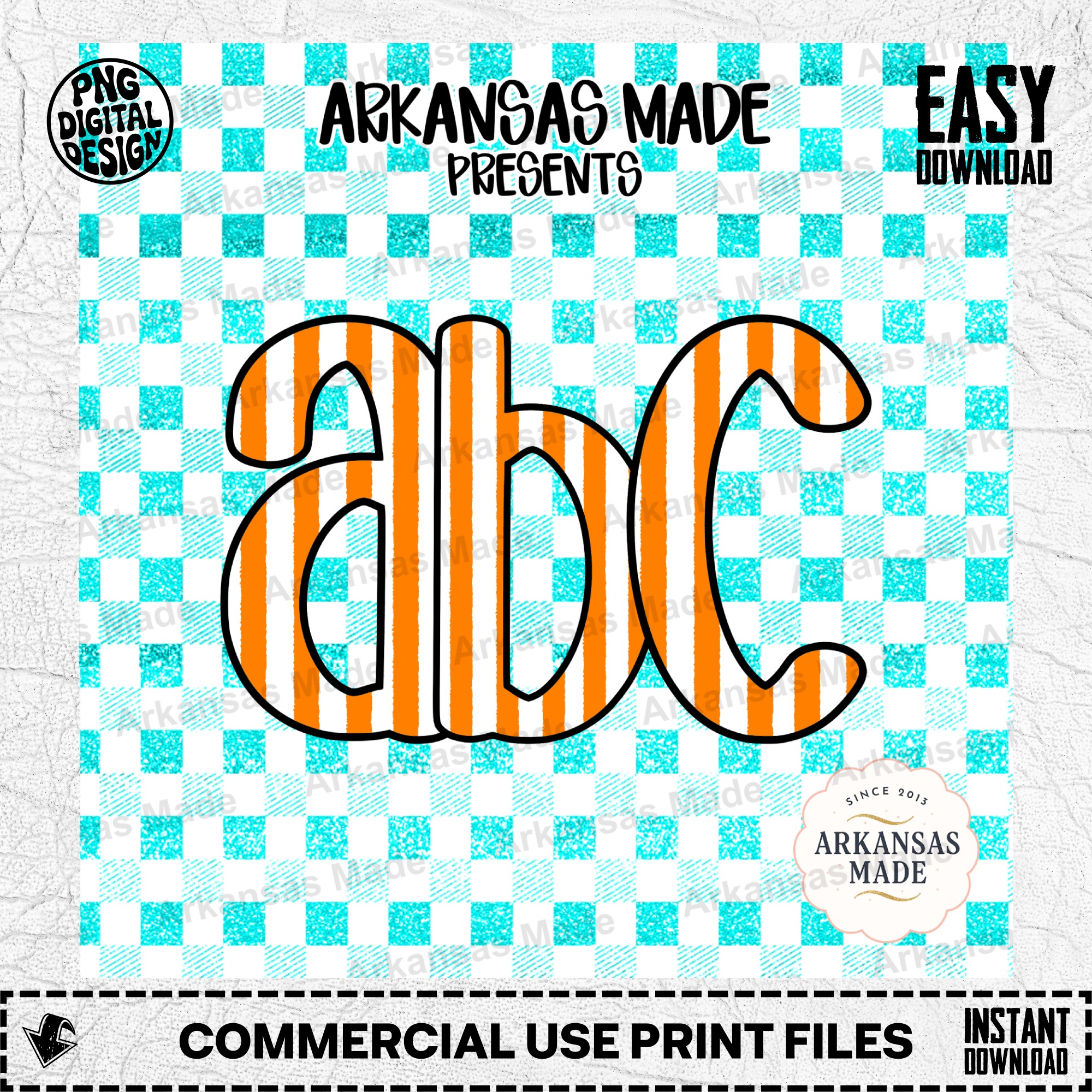 Orange Blue Striped Alpha Set, Faux Glitter Teal Gingham Letters ABC, Digital Download Alpha Set, Teacher Craft Graphic