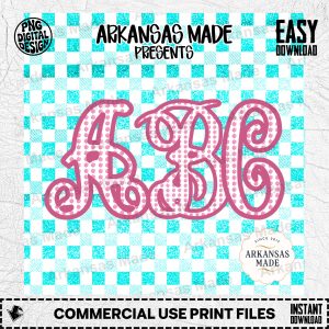 Pink Rose Monogram Alphabet Digital Download Alpha Set - Faux Glitter Teal Gingham Letters PNG, Script Font for Custom Crafts, Southern