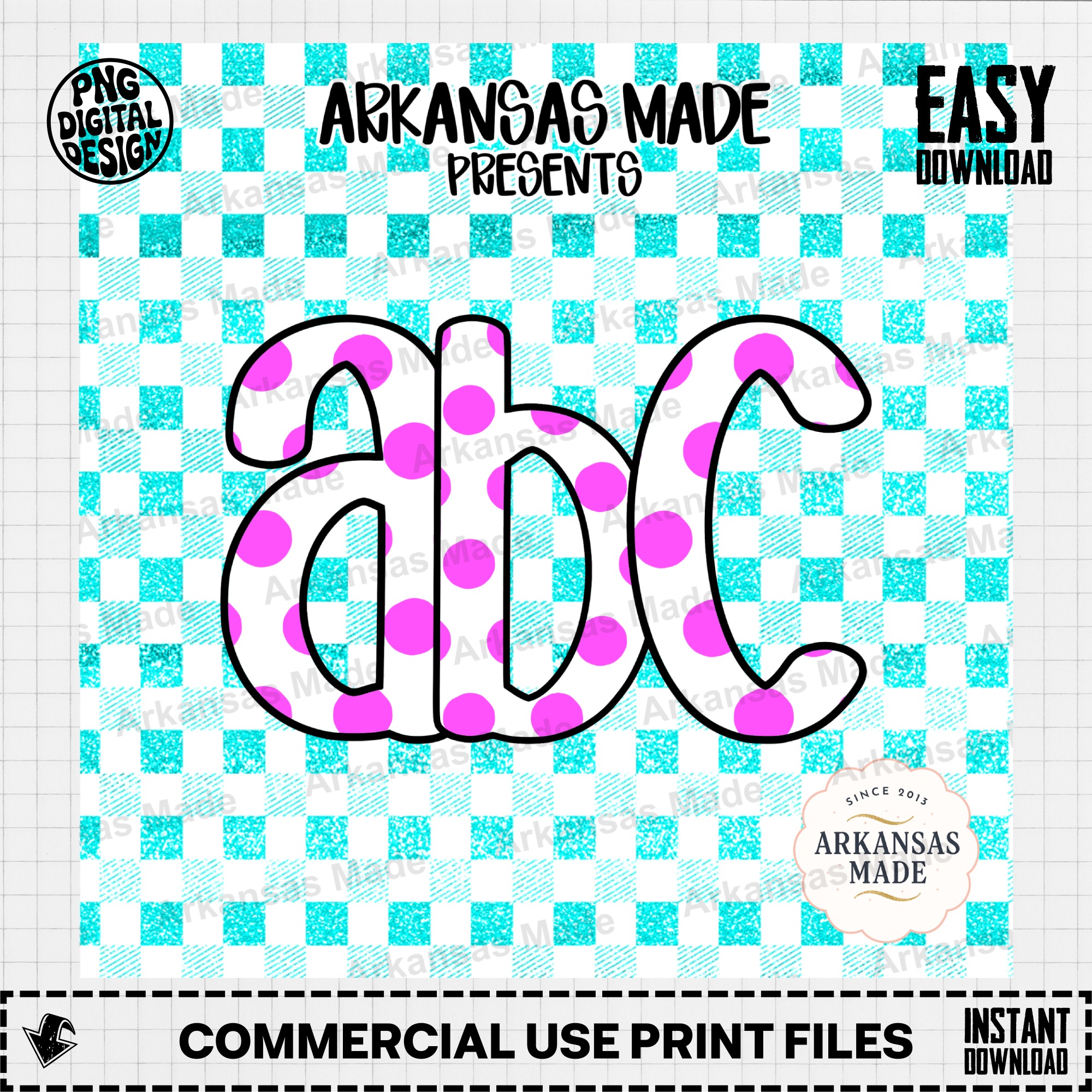 ABC Digital Download Alpha Set | Pink Polka Dot Aqua Gingham Letters Clipart | Cute Sublimation PNG - Image 2