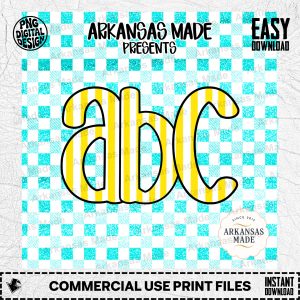 ABC Alphabet Digital Download Set, Yellow Striped Letters PNG, Faux Glitter Teal Gingham Clipart Bundle