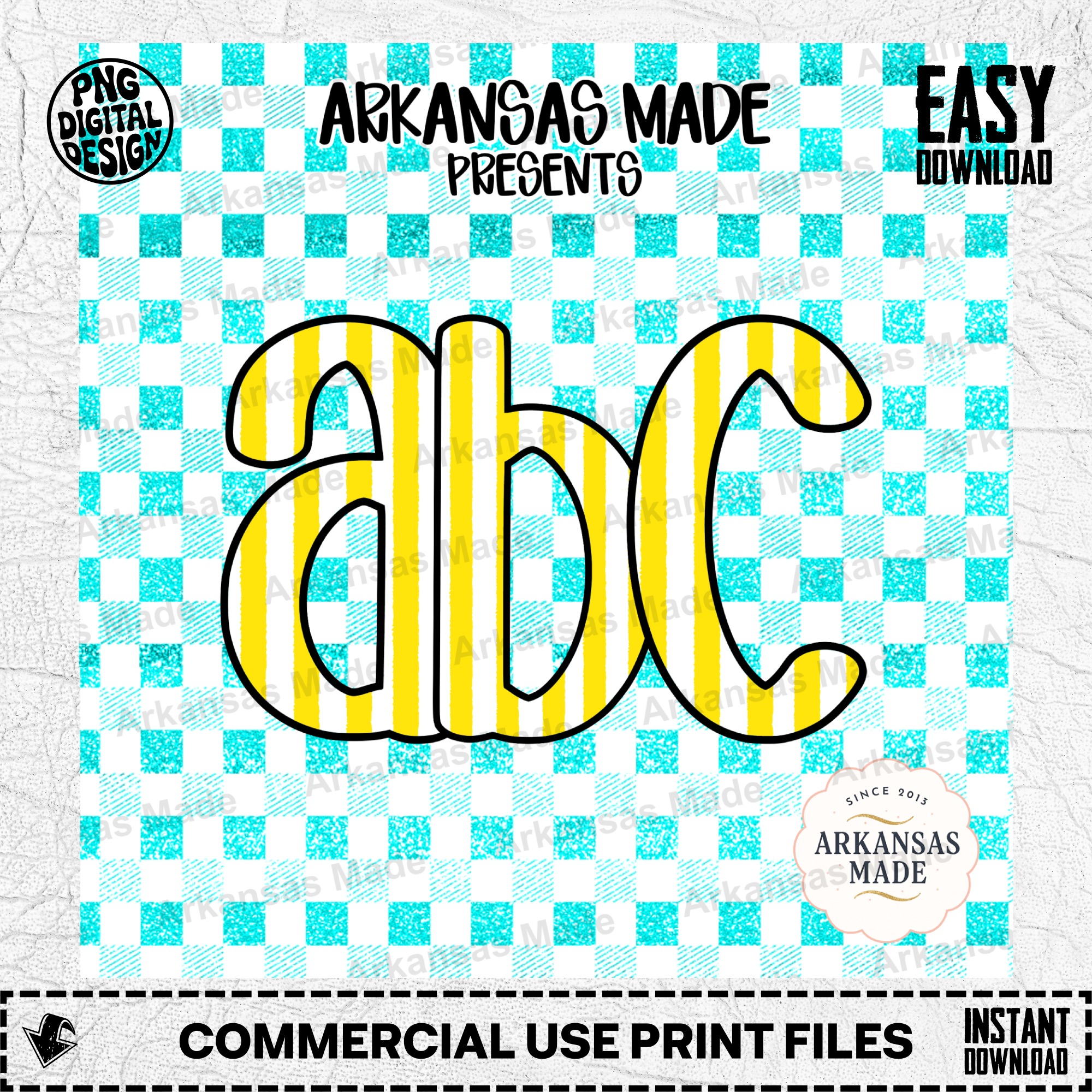 ABC Alphabet Digital Download Set, Yellow Striped Letters PNG, Faux Glitter Teal Gingham Clipart Bundle