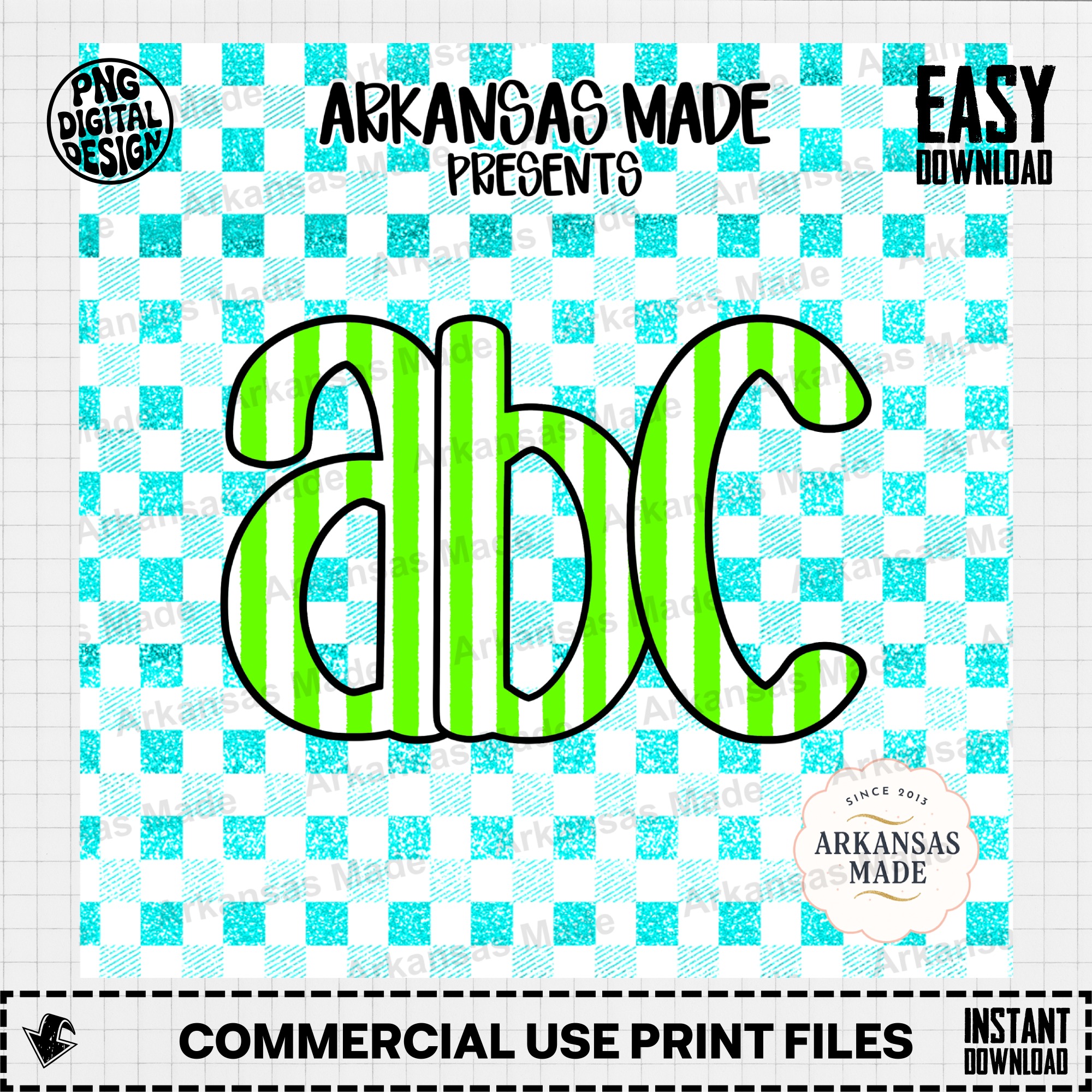 Bright Green Striped ABC Digital Download Alpha Set | Faux Glitter Gingham Letters Numbers Font PNG Clipart Bundle | Teacher Crafting Kids - Image 2