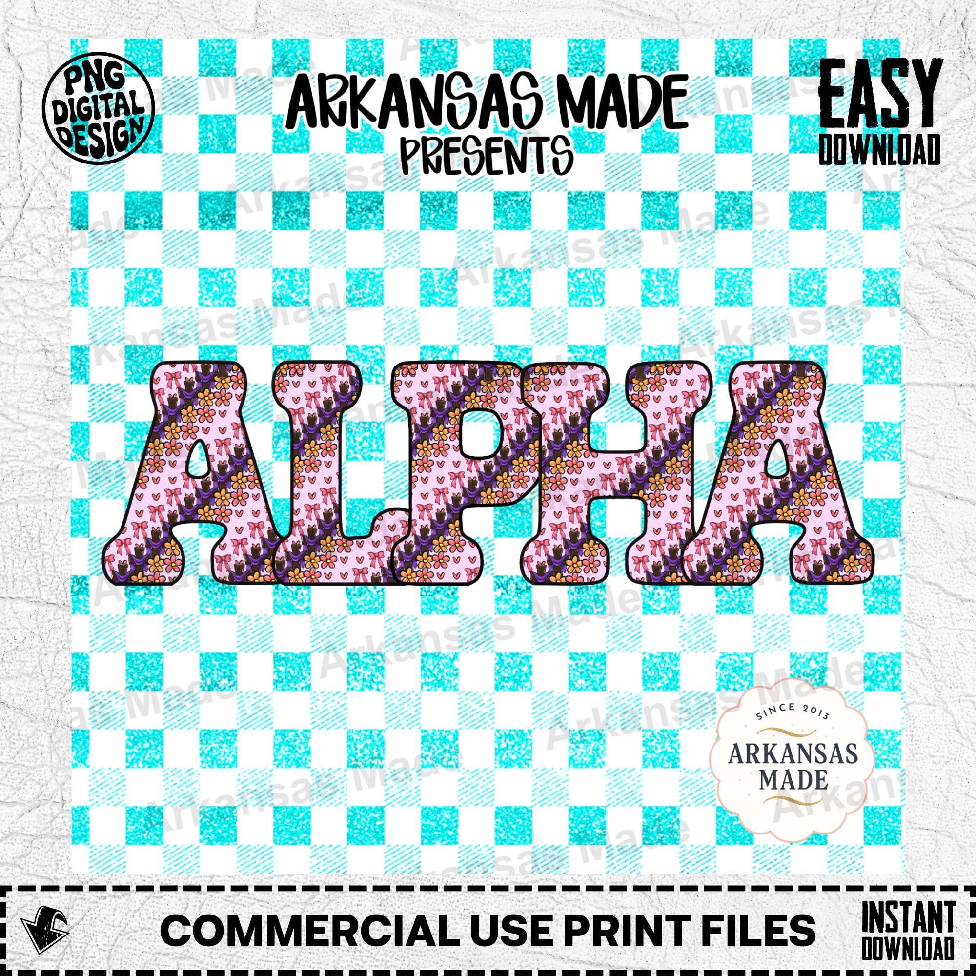 Floral Alpha Letter Digital Download Alpha Set PNG | Sorority Greek Life Sublimation Art | Teal Glitter Buffalo Plaid