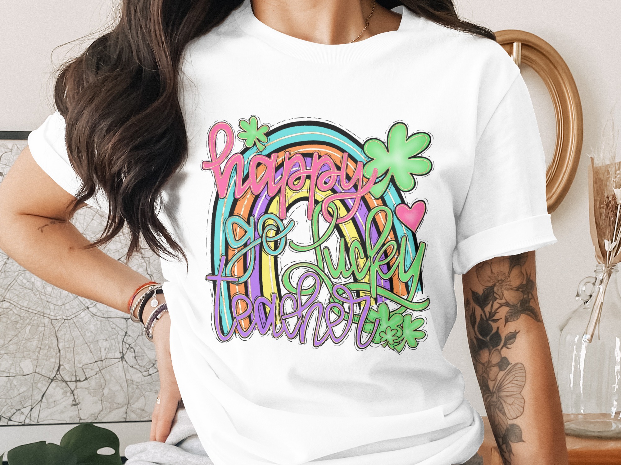 Happy Go Lucky Teacher PNG, St Patricks Day Digital Download, Teacher Life Sublimation, Clover Rainbow DTF Design, School Teacher Gift