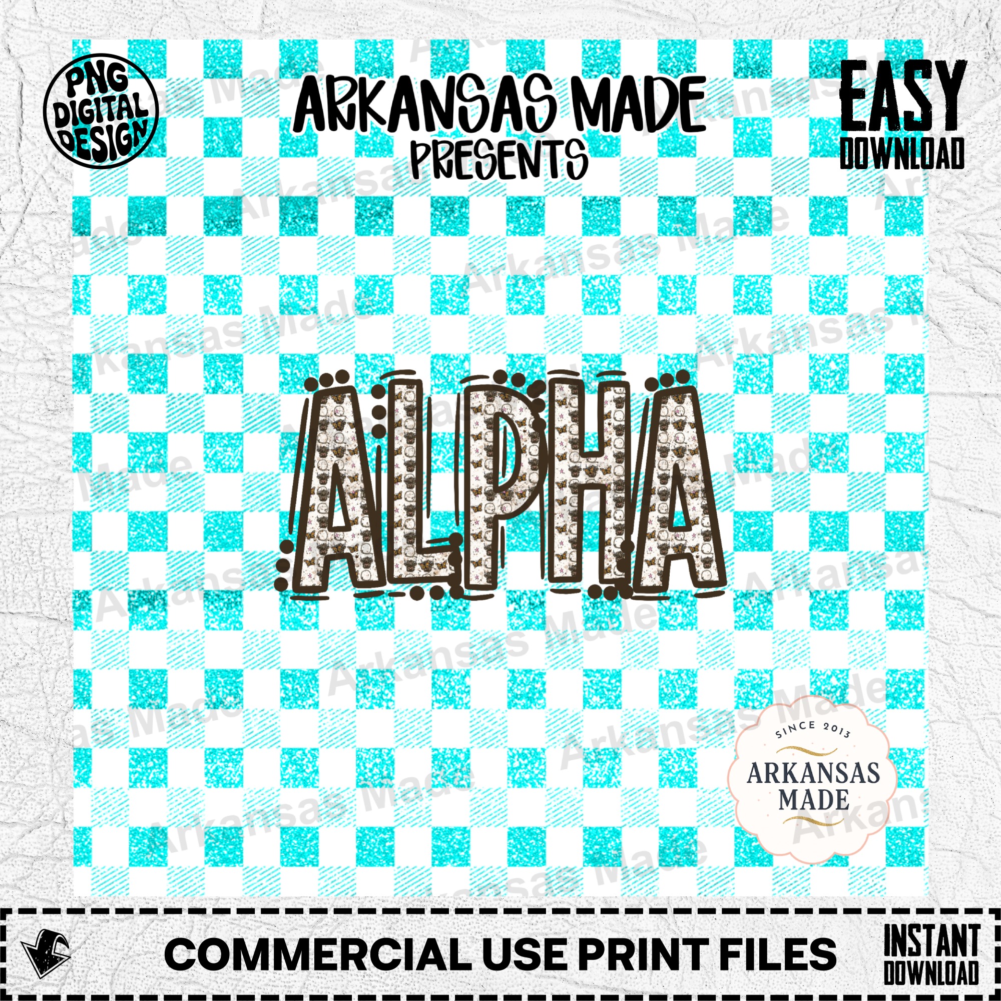Highland Cow Butterfly Alpha Set | Teal Glitter Buffalo Plaid Letters | Rustic Farmhouse PNG Font Download | Western Style Digital Alphabet