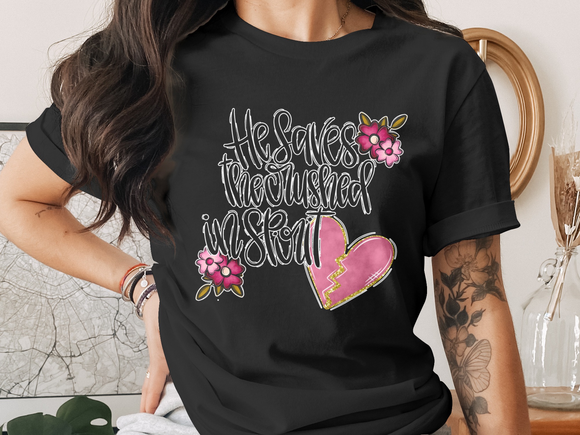 He Saves The Crushed In Spirit Digital Download PNG, Christian Quote, Bible Verse Wall Art, Faith Sublimation Design, Broken Heart Comfort - Image 2