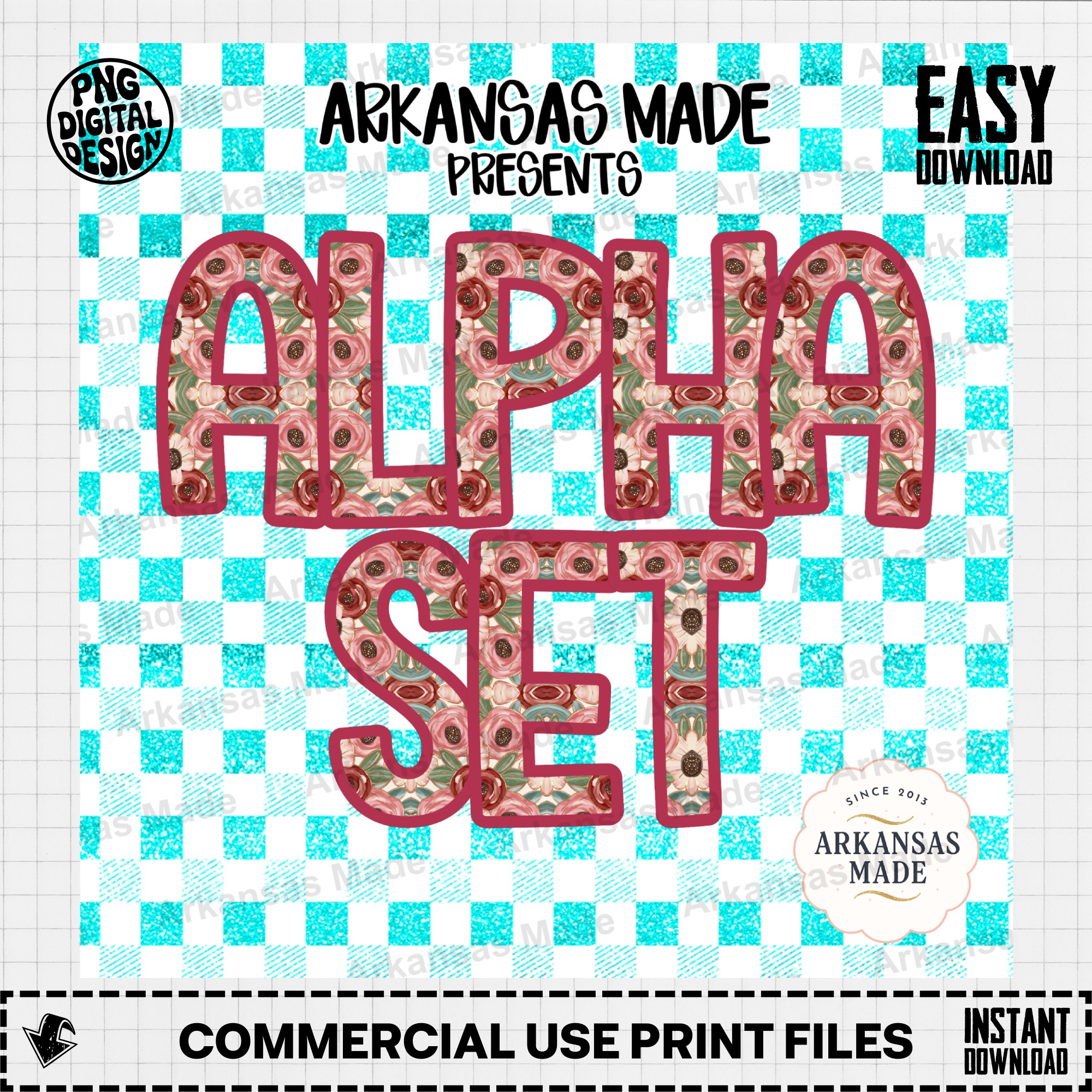 Floral Alpha Set Digital Download PNG | Pink Rose Faux Glitter Letters | Teal Buffalo Plaid Font Clipart | Sublimation Alphabet - Image 2