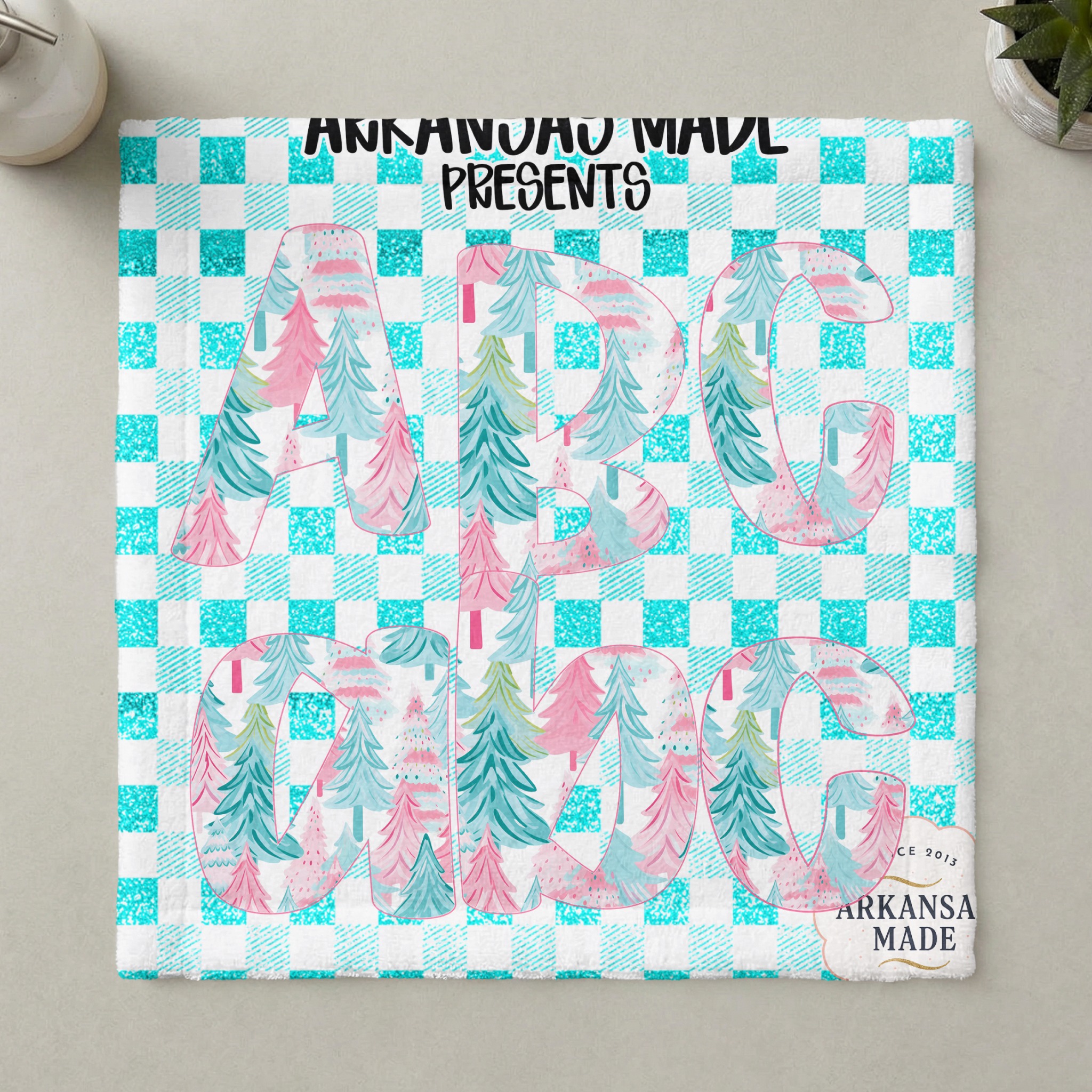Digital, Digital Download Full A-Z Alpha, Sublimation DTF PNGs, Pastel Christmas Trees Alphabet, Winter Teal Pink Plaid Glitter Letters - Image 6