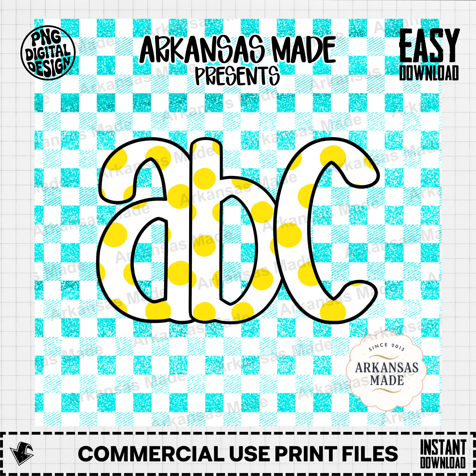 Polka Dot ABC Digital Alpha Set | Teal Gingham Glitter Alphabet PNG for Nursery Decor, Classroom, Sublimation, Cute Kids Letters - Image 2