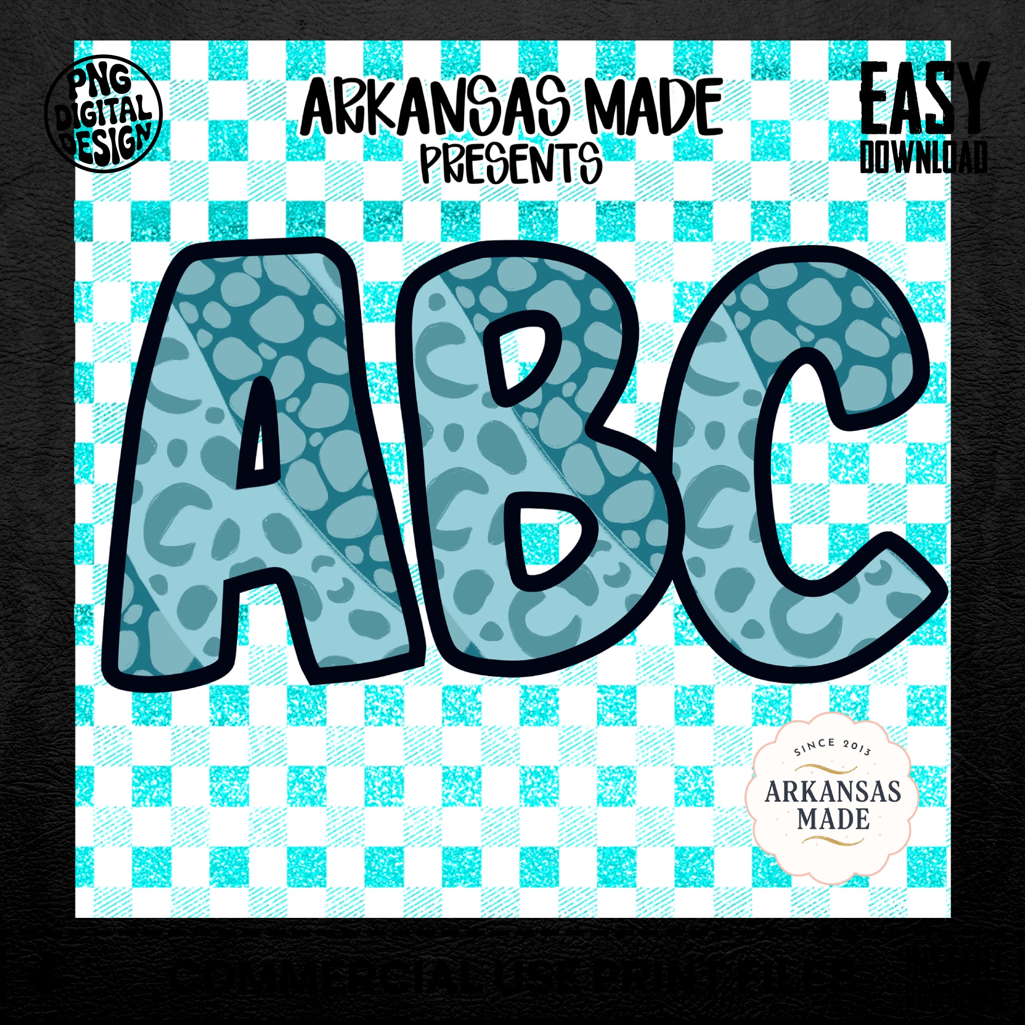 Teal Leopard Spot ABC Alphabet, Full A-Z Digital Download, Sublimation DTF PNGs, Aqua Gingham Checkered Letters - Image 5